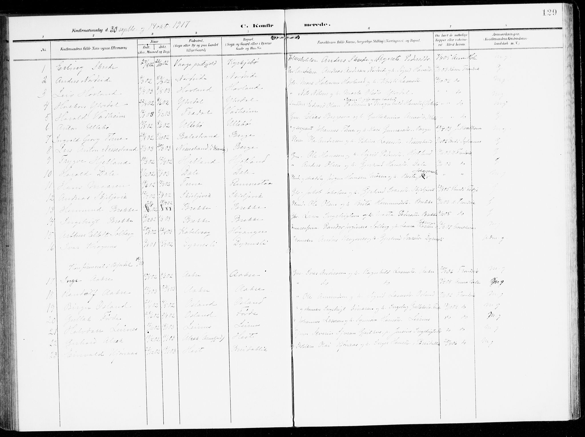 Lavik sokneprestembete, AV/SAB-A-80901: Parish register (official) no. C 2, 1904-1921, p. 129