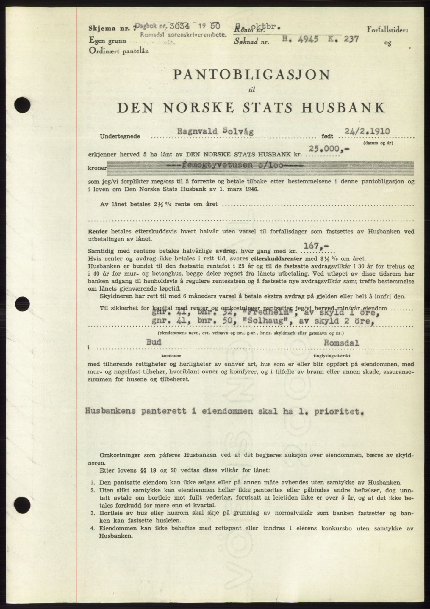 Romsdal sorenskriveri, AV/SAT-A-4149/1/2/2C: Mortgage book no. B5, 1949-1950, Diary no: : 3034/1950