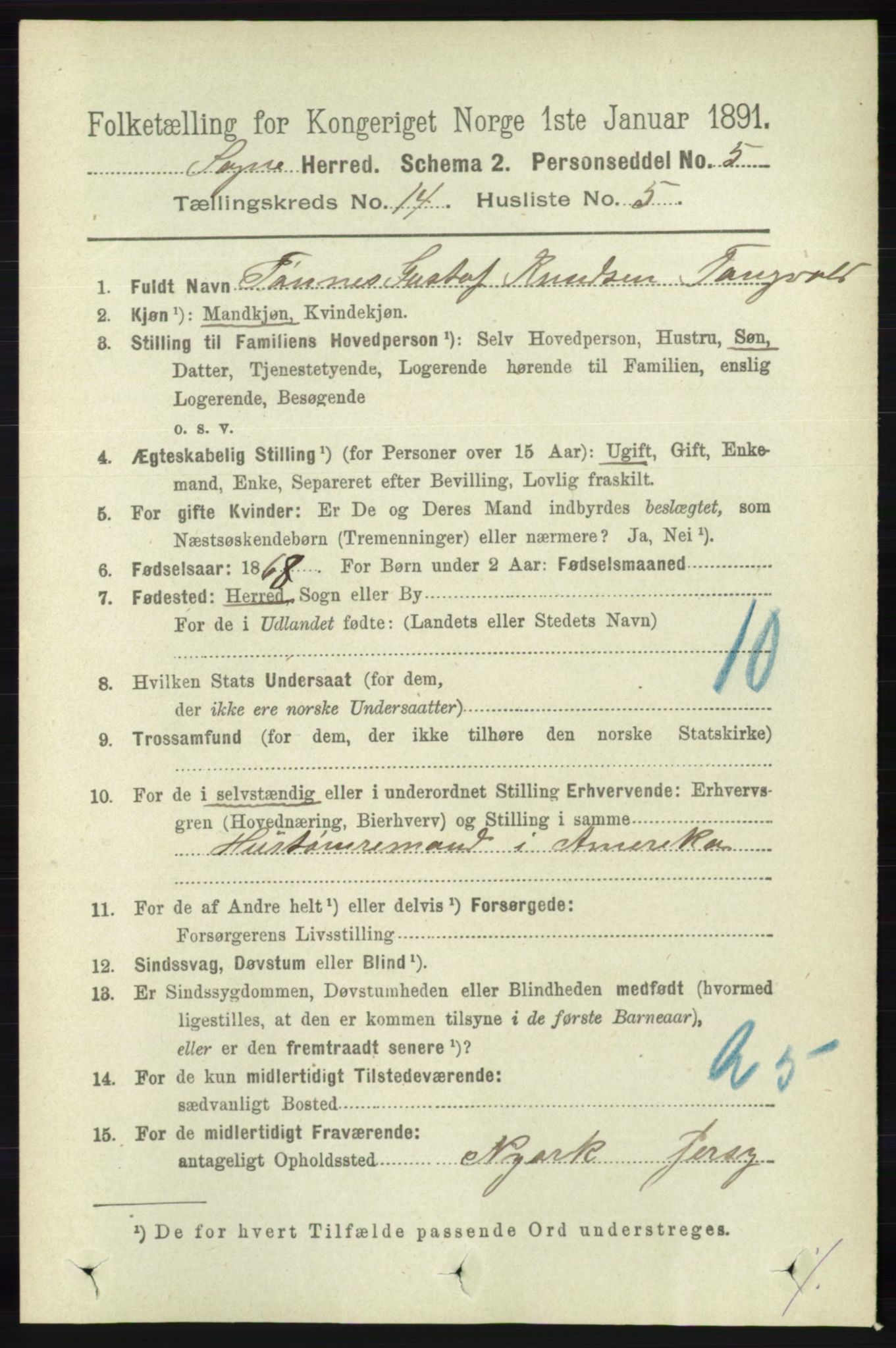 RA, 1891 census for 1018 Søgne, 1891, p. 3430