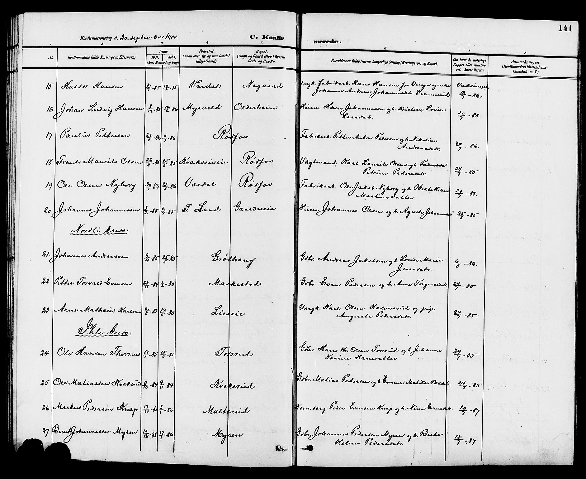 Vestre Toten prestekontor, SAH/PREST-108/H/Ha/Hab/L0010: Parish register (copy) no. 10, 1900-1912, p. 141