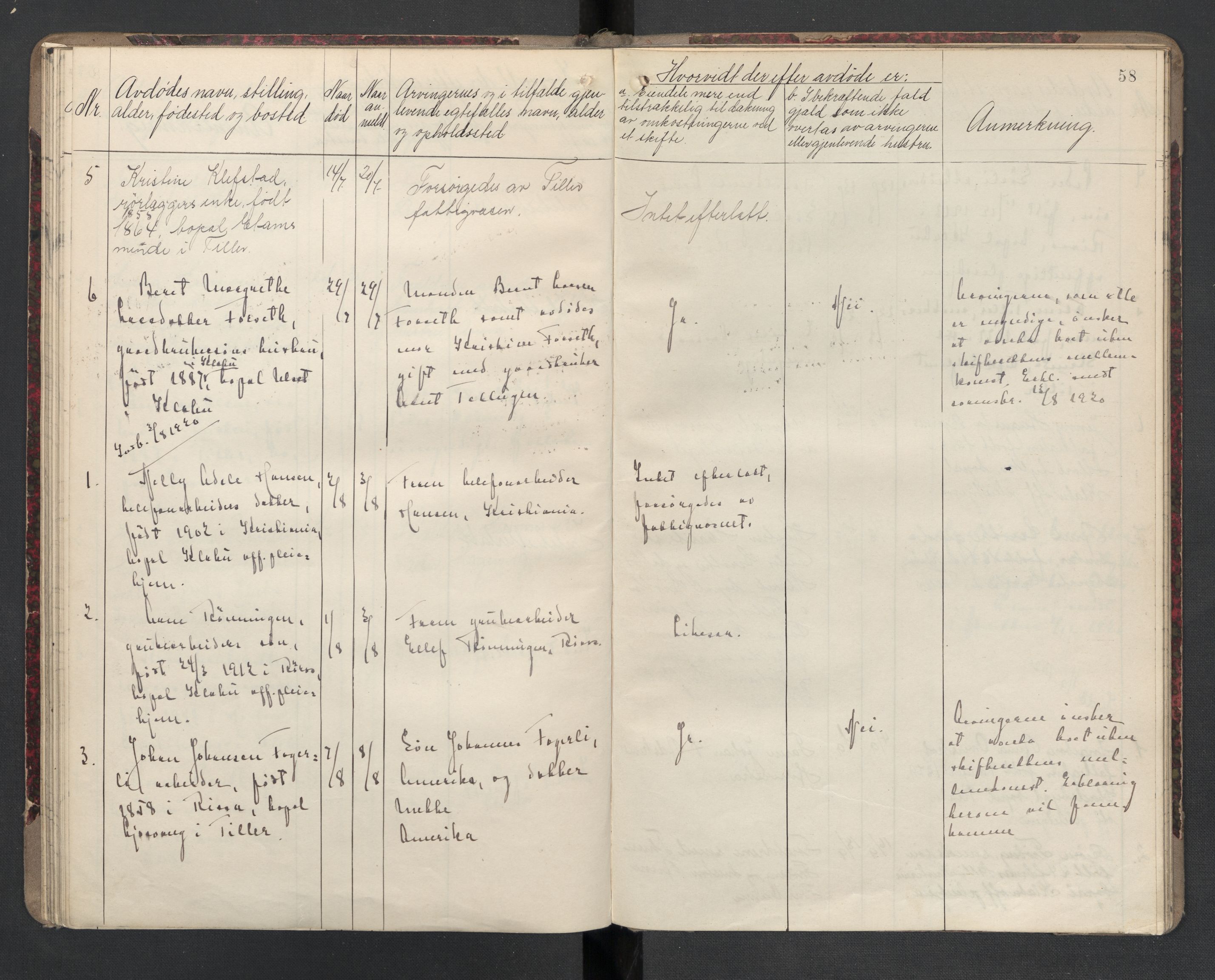 Klæbu lensmannskontor, SAT/A-1059/1/02/L0001: 2.01.01 Anmeldte dødsfall, 1908-1924, p. 58