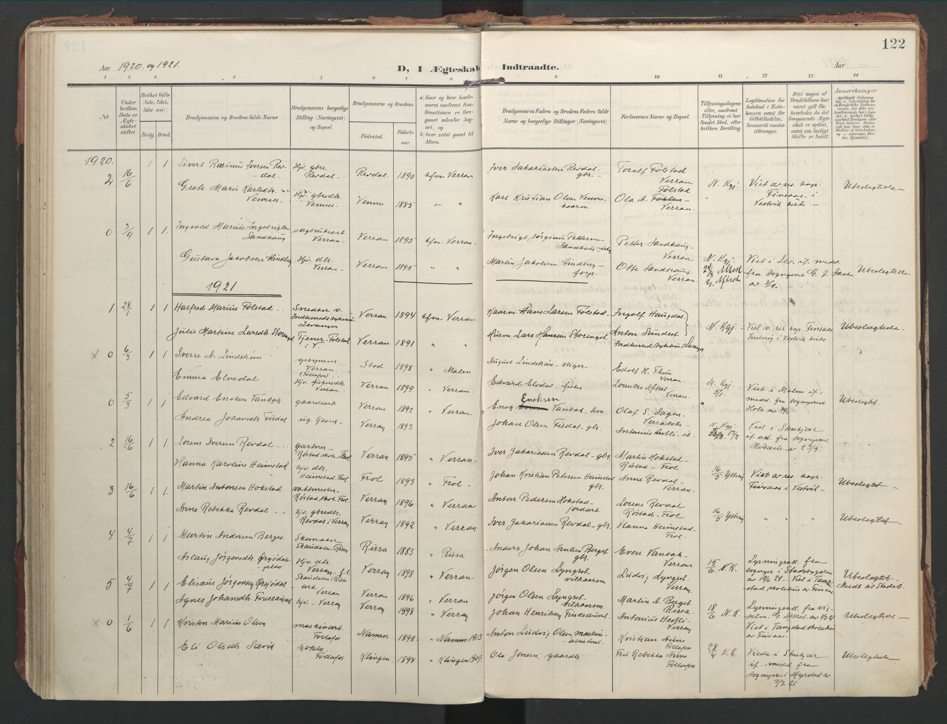 Ministerialprotokoller, klokkerbøker og fødselsregistre - Nord-Trøndelag, SAT/A-1458/744/L0421: Parish register (official) no. 744A05, 1905-1930, p. 122