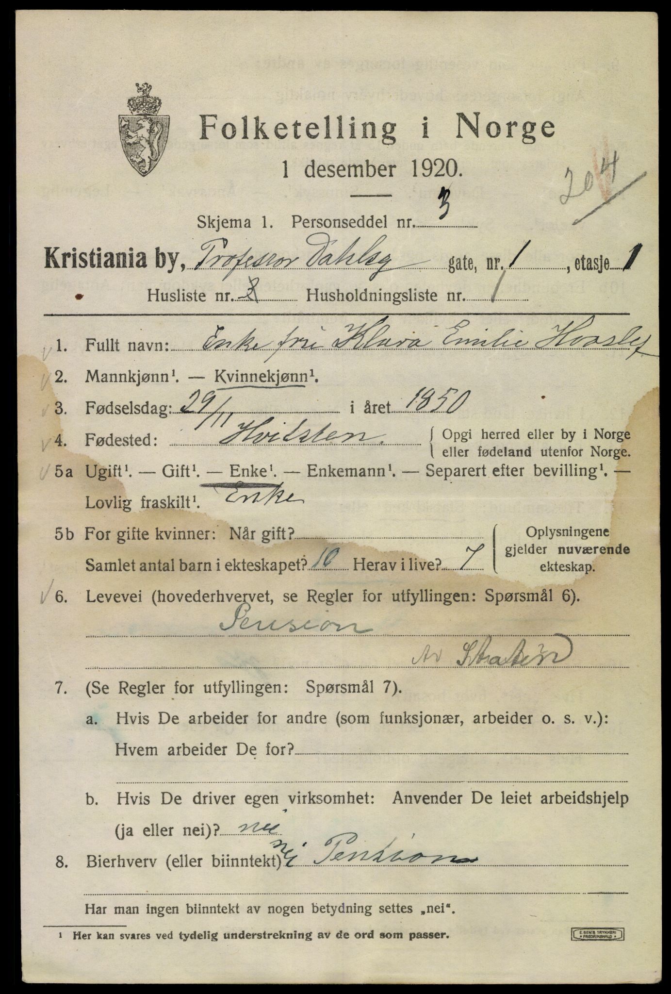 SAO, 1920 census for Kristiania, 1920, p. 458735