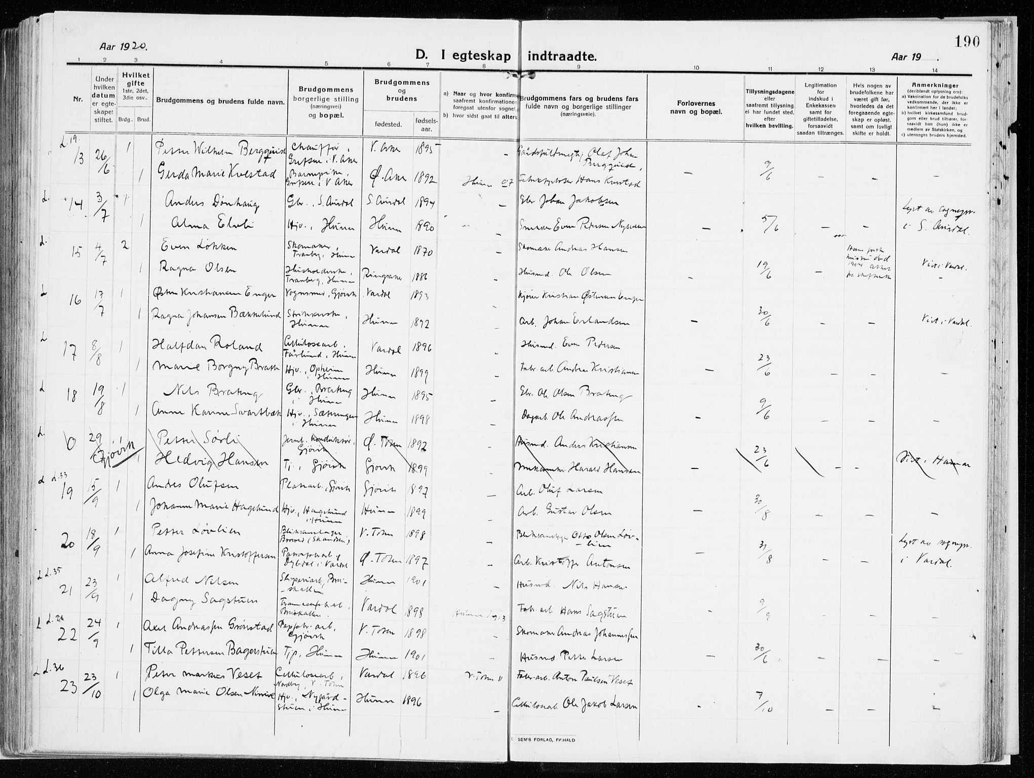 Vardal prestekontor, SAH/PREST-100/H/Ha/Haa/L0017: Parish register (official) no. 17, 1915-1929, p. 190