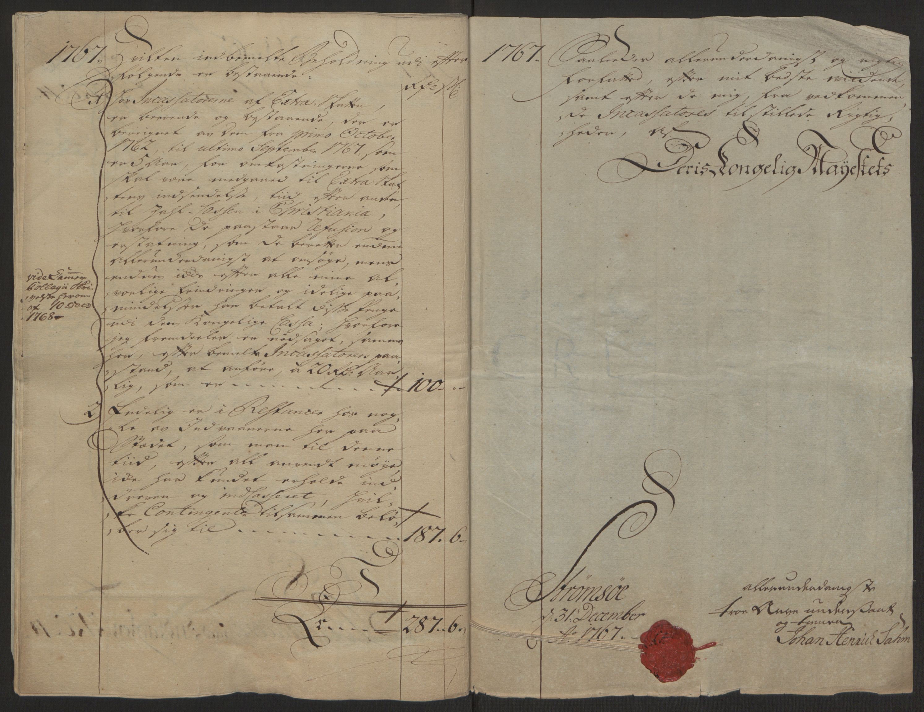 Rentekammeret inntil 1814, Reviderte regnskaper, Byregnskaper, AV/RA-EA-4066/R/Rg/L0144/0001: [G4] Kontribusjonsregnskap / Ekstraskatt, 1762-1767, p. 487