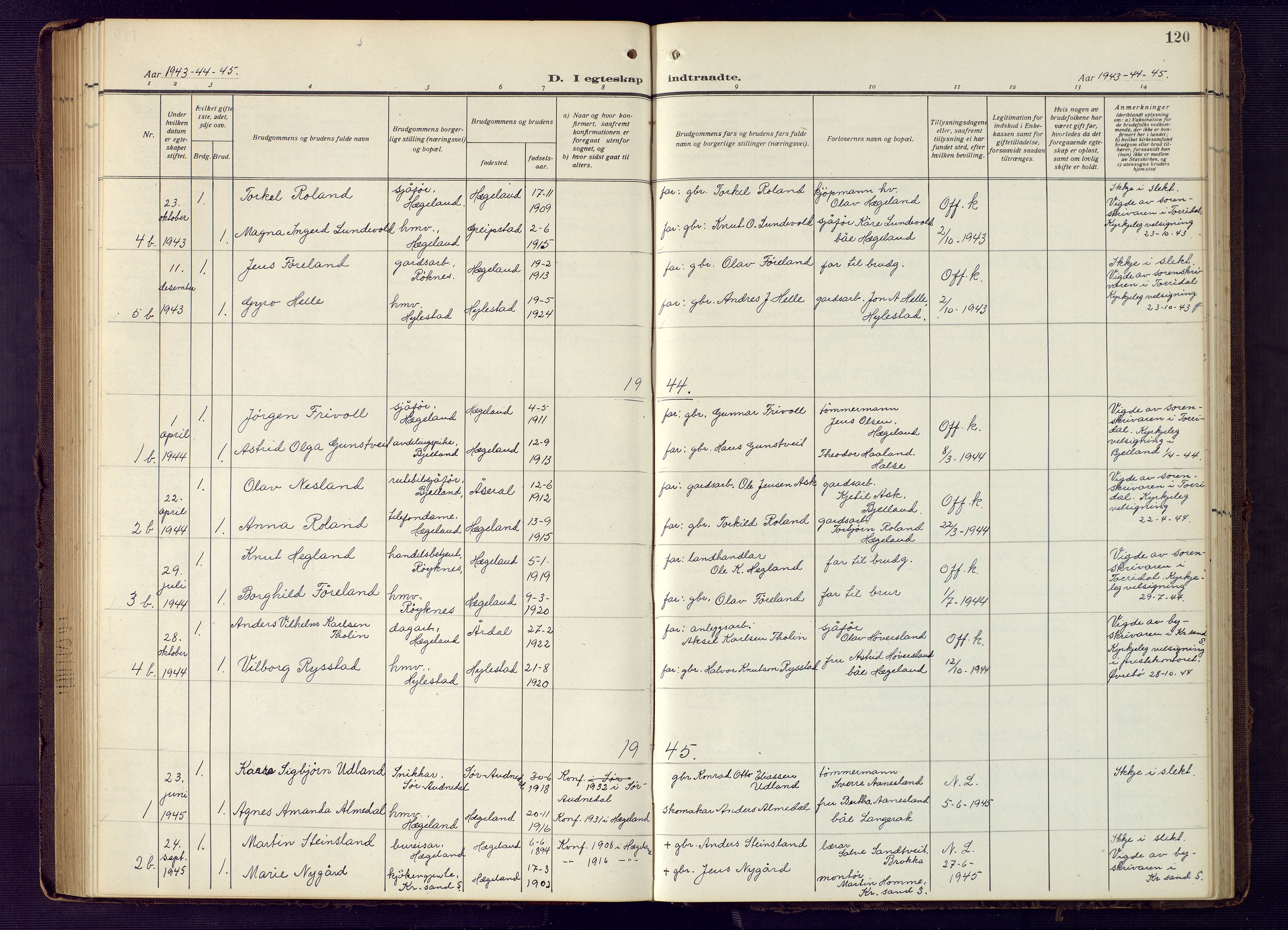 Vennesla sokneprestkontor, SAK/1111-0045/Fb/Fba/L0004: Parish register (copy) no. B 4, 1917-1948, p. 120