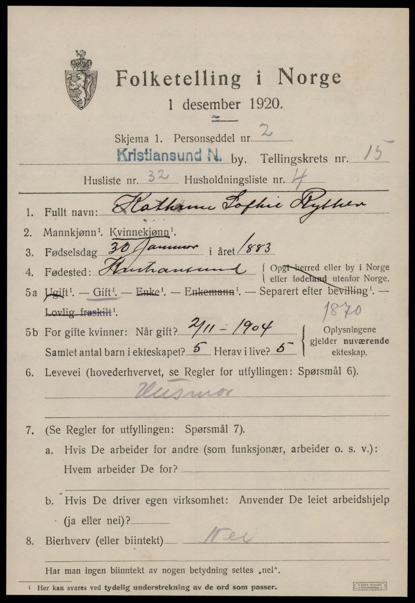 SAT, 1920 census for Kristiansund, 1920, p. 31539