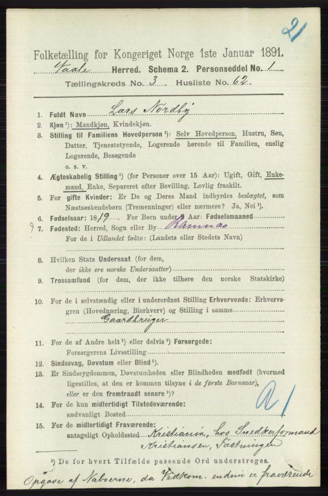 RA, 1891 census for 0716 Våle, 1891, p. 908