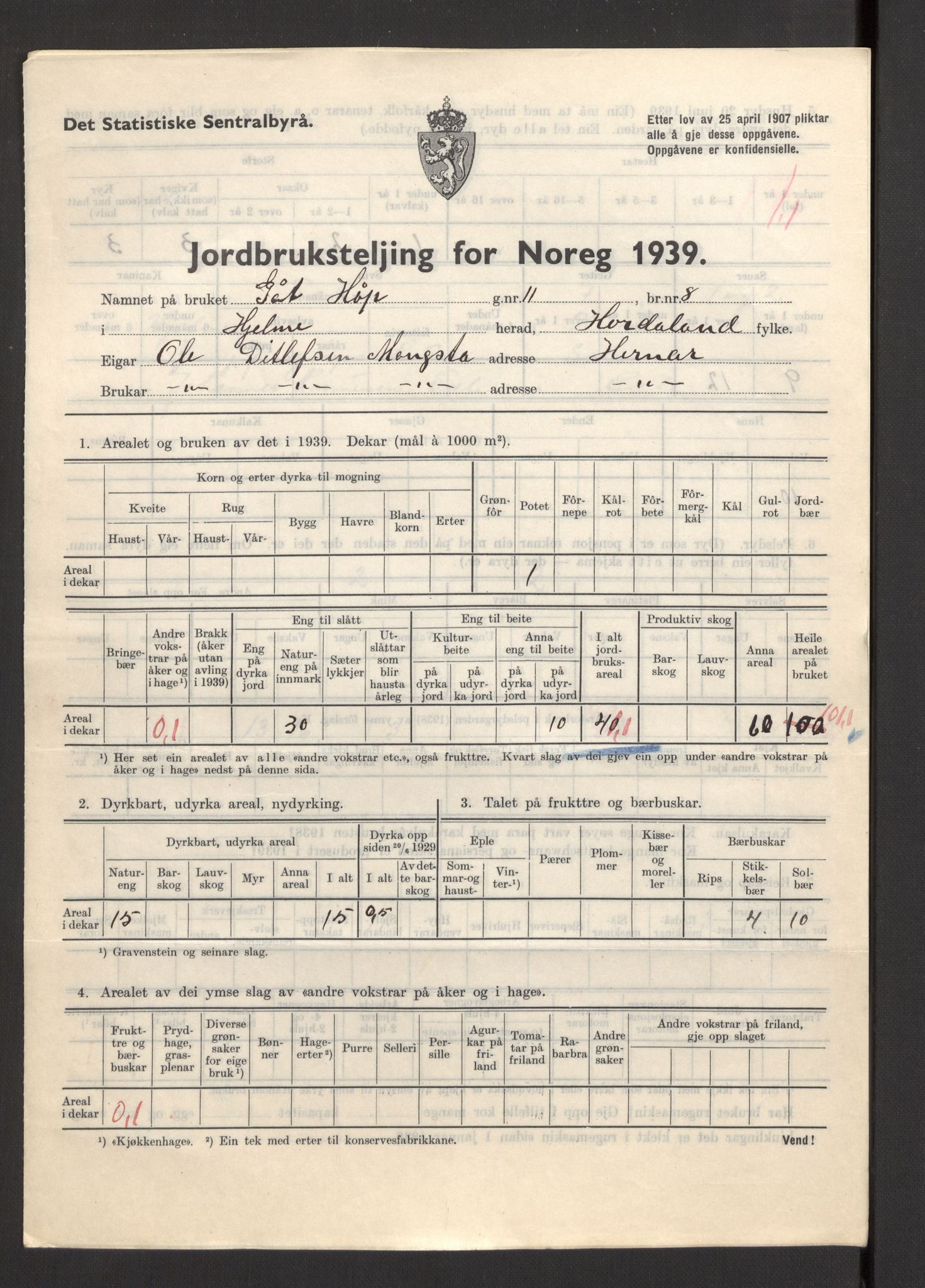 Statistisk sentralbyrå, Næringsøkonomiske emner, Jordbruk, skogbruk, jakt, fiske og fangst, AV/RA-S-2234/G/Gb/L0211: Hordaland: Herdla, Hjelme og Manger, 1939, p. 1393