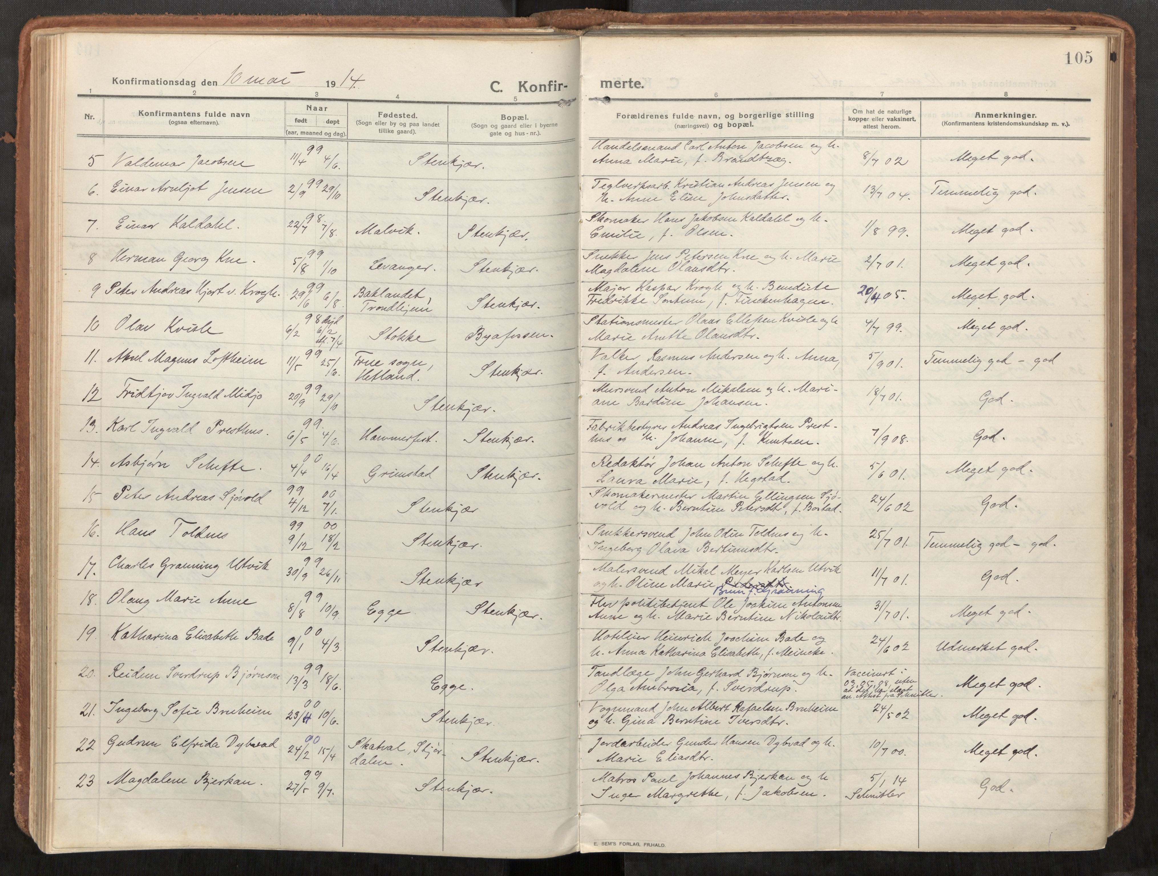 Steinkjer sokneprestkontor, SAT/A-1541/01/H/Ha/Haa/L0003: Parish register (official) no. 3, 1913-1922, p. 105