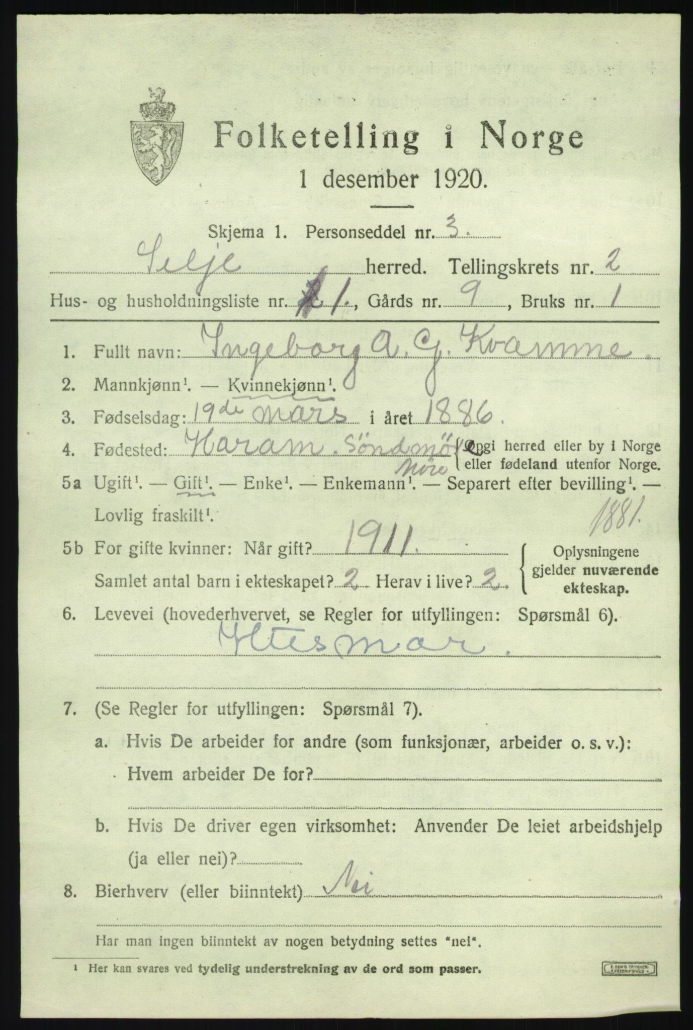 SAB, 1920 census for Selje, 1920, p. 1535