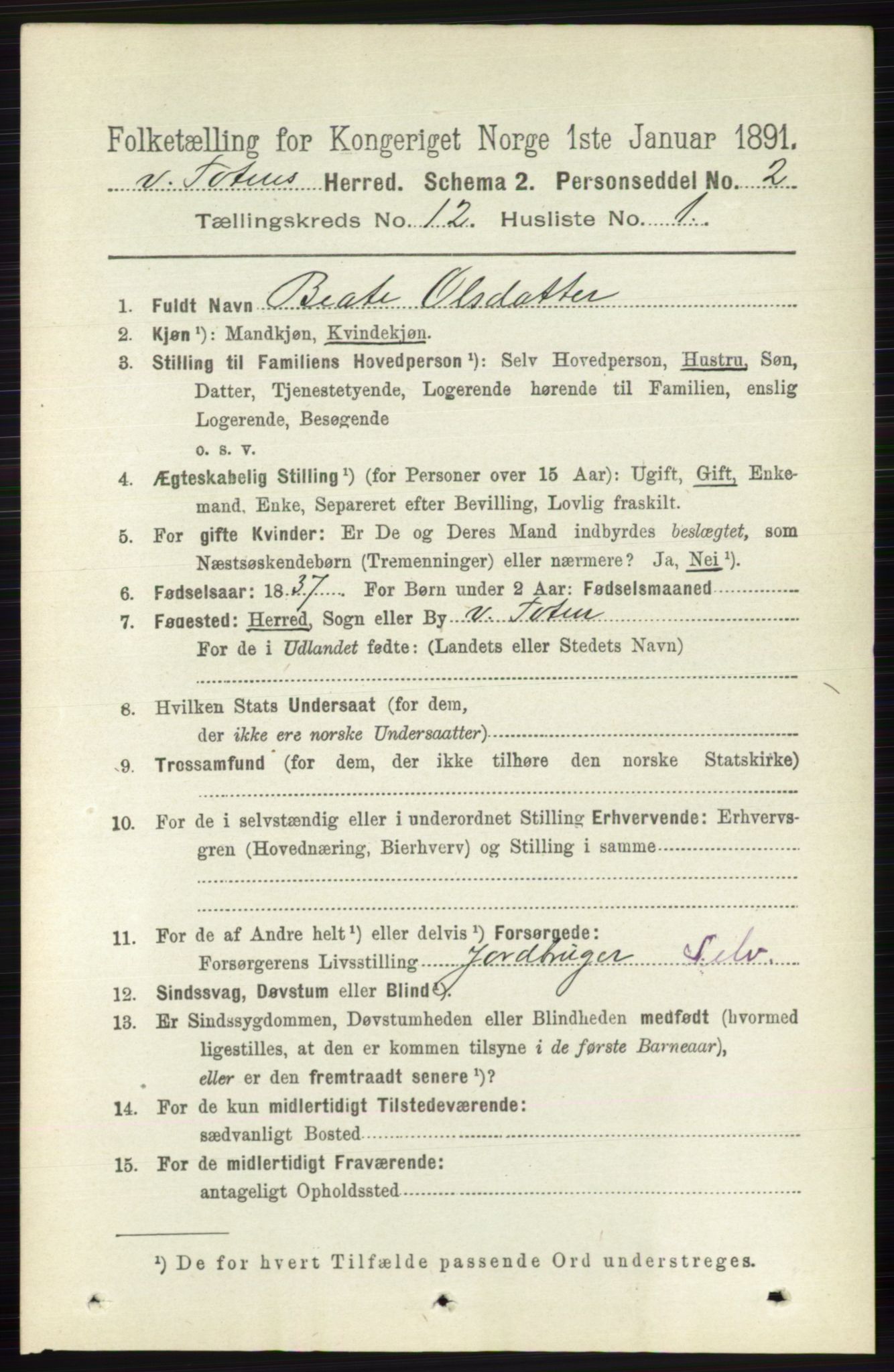 RA, 1891 census for 0529 Vestre Toten, 1891, p. 7278