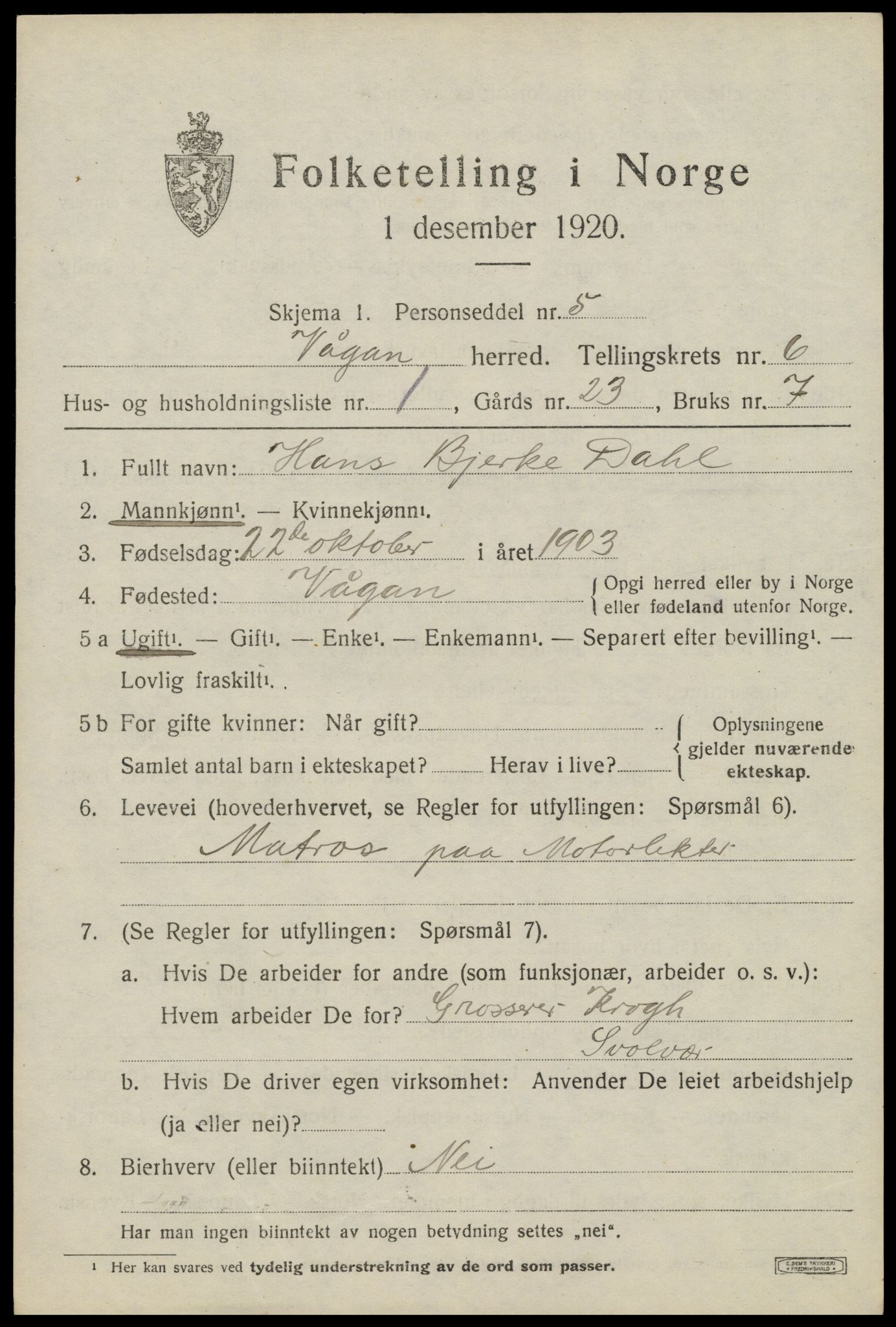 SAT, 1920 census for Vågan, 1920, p. 6149