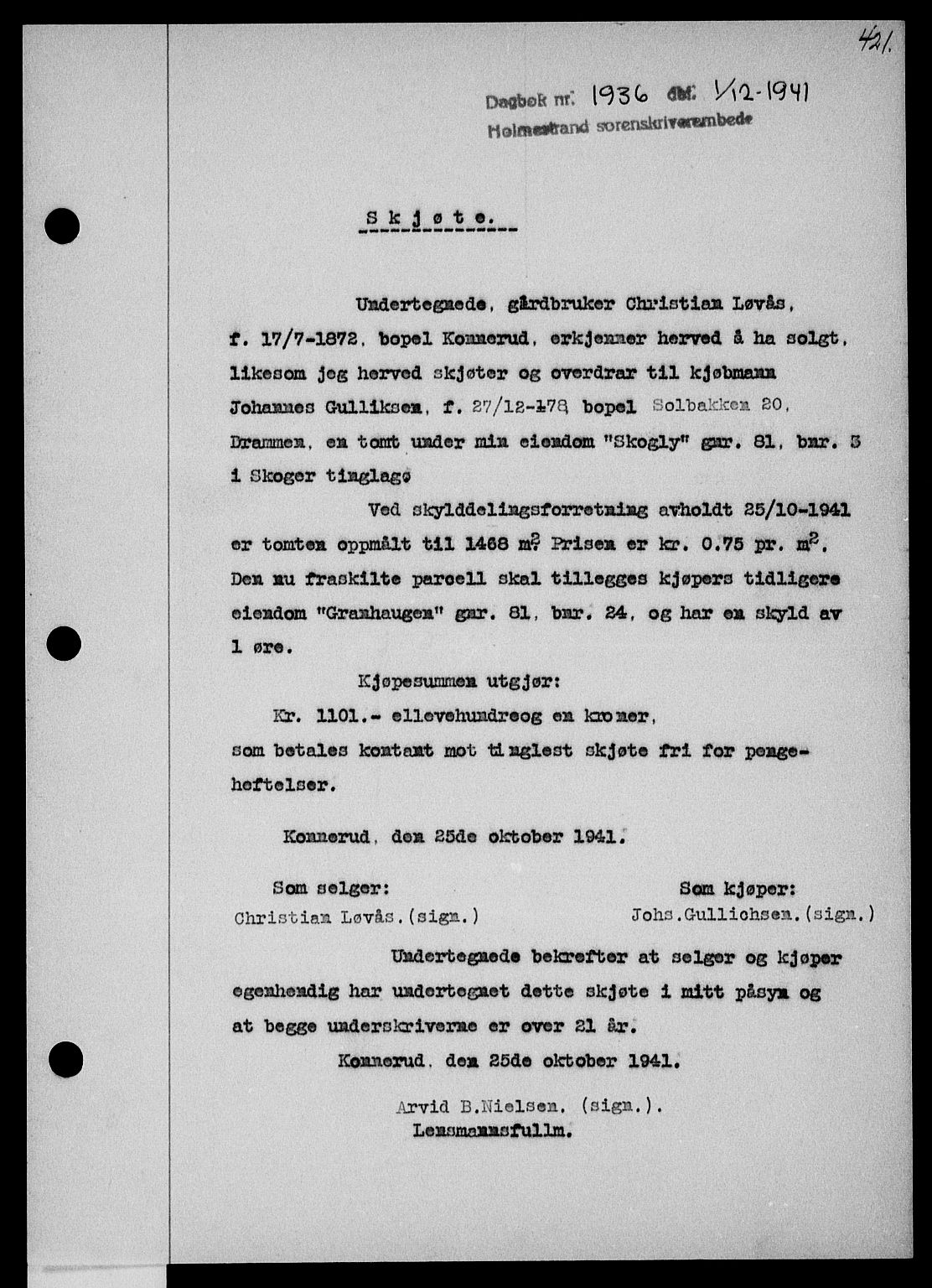 Holmestrand sorenskriveri, SAKO/A-67/G/Ga/Gaa/L0054: Mortgage book no. A-54, 1941-1942, Diary no: : 1936/1941
