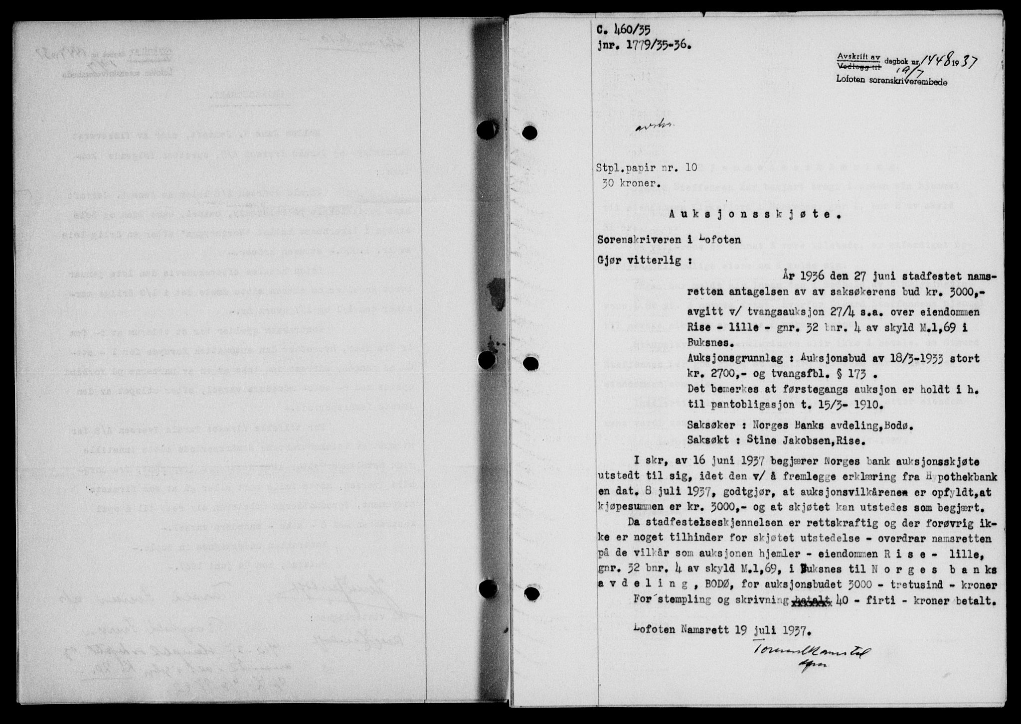Lofoten sorenskriveri, SAT/A-0017/1/2/2C/L0002a: Mortgage book no. 2a, 1937-1937, Diary no: : 1448/1937