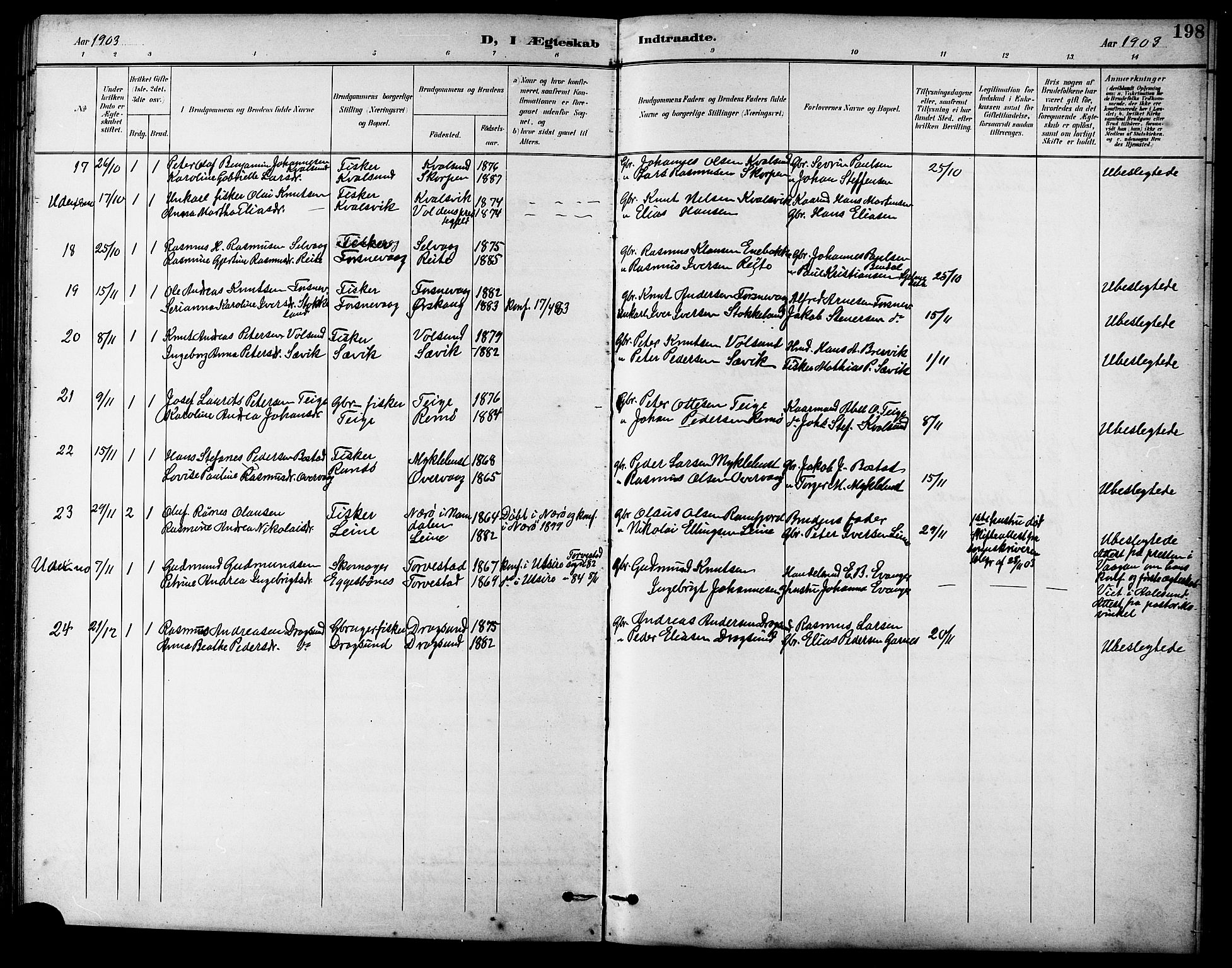 Ministerialprotokoller, klokkerbøker og fødselsregistre - Møre og Romsdal, SAT/A-1454/507/L0082: Parish register (copy) no. 507C05, 1896-1914, p. 198