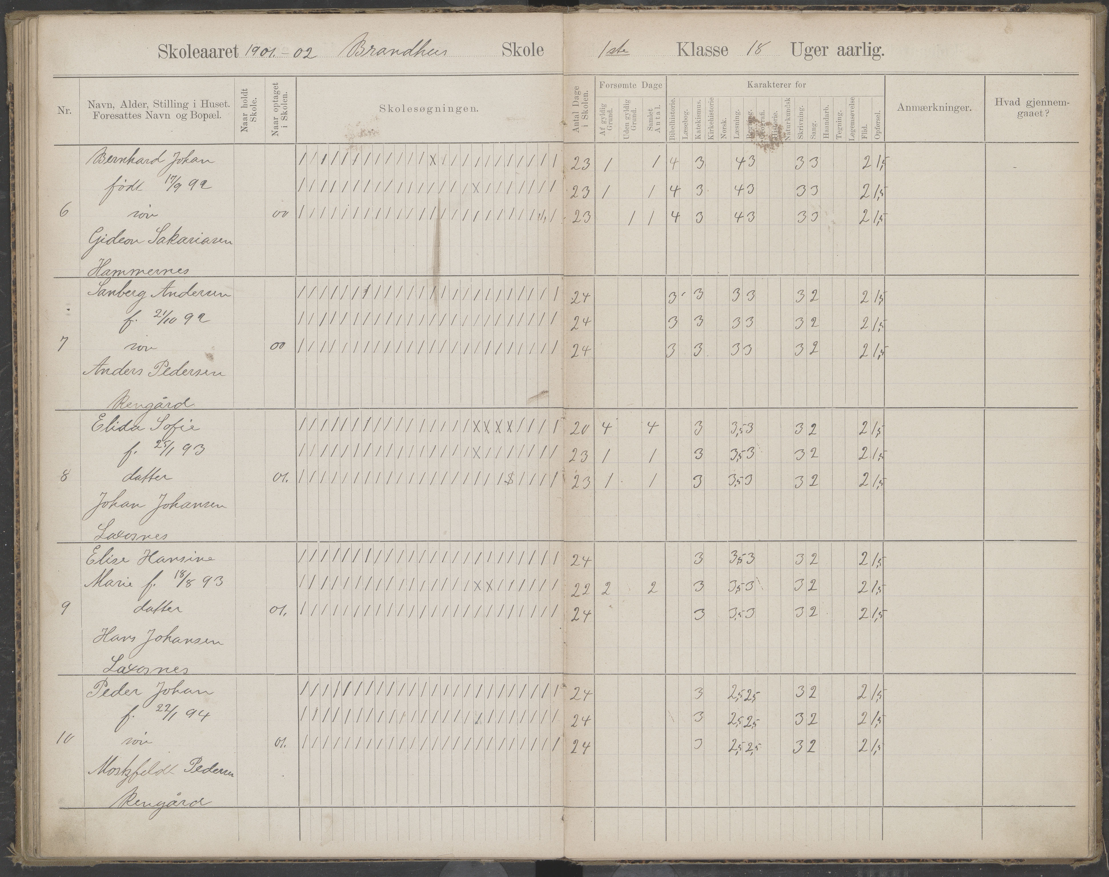 Beiarn kommune. Brandhei skolekrets, AIN/K-18390.510.03/442/L0003: Karakter/oversiktsprotokoll, 1893-1910