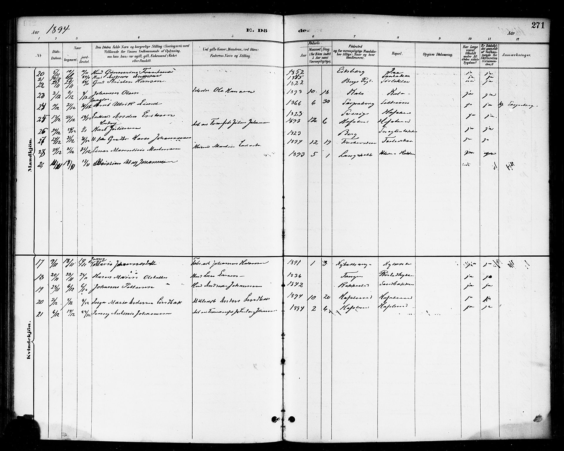 Skjeberg prestekontor Kirkebøker, AV/SAO-A-10923/F/Fa/L0009: Parish register (official) no. I 9, 1886-1897, p. 271