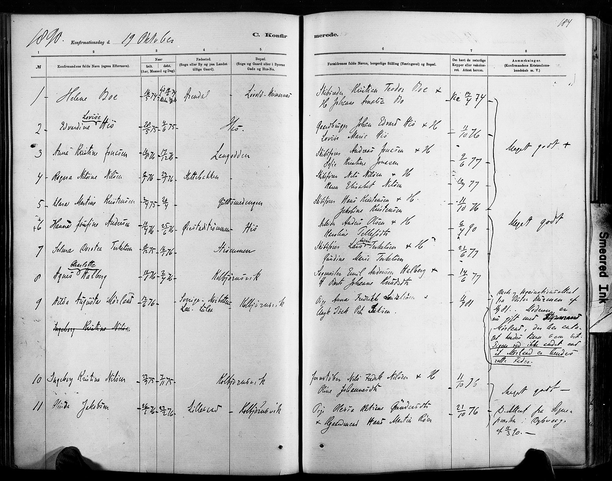 Hisøy sokneprestkontor, AV/SAK-1111-0020/F/Fa/L0003: Parish register (official) no. A 3, 1881-1894, p. 184