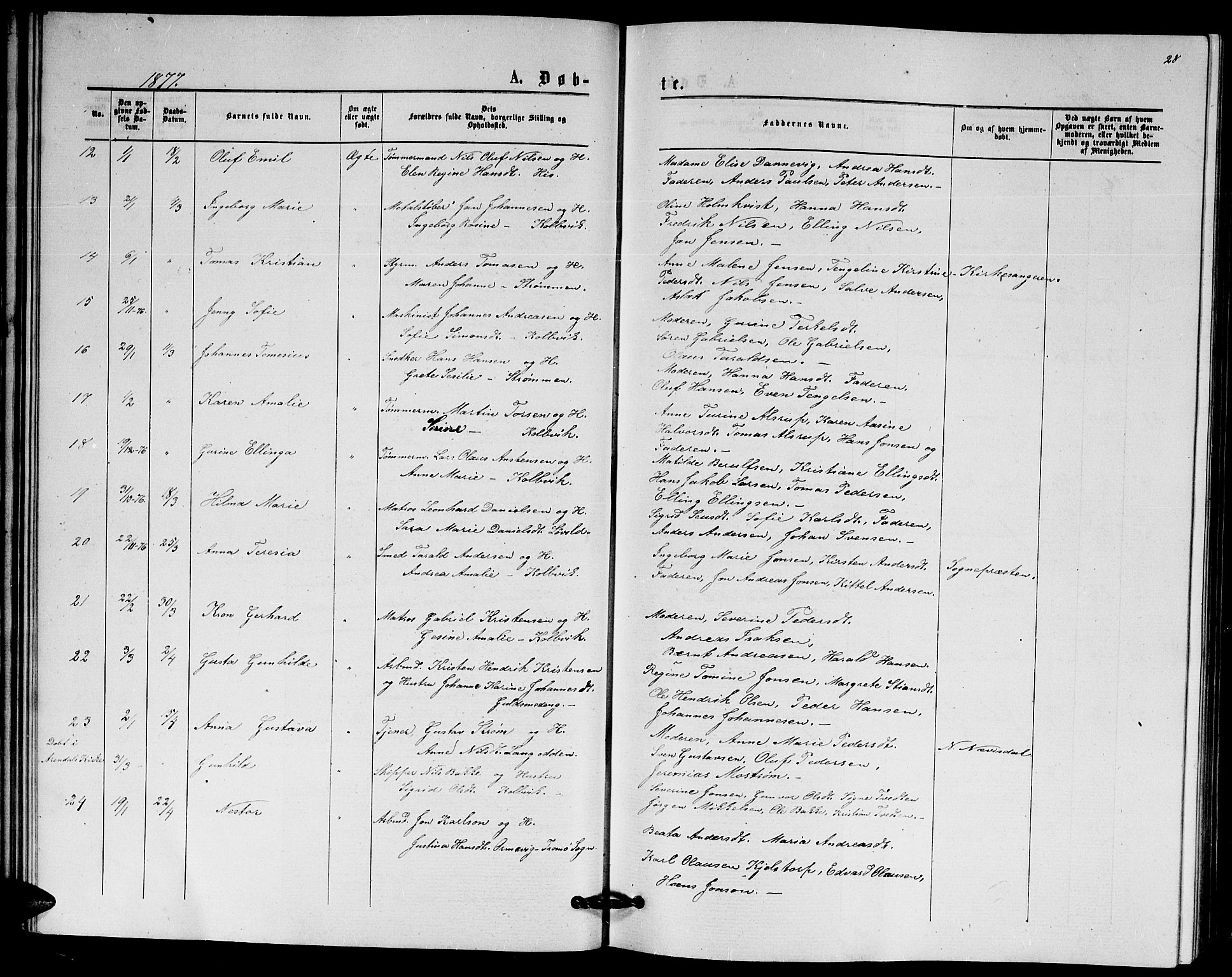 Hisøy sokneprestkontor, SAK/1111-0020/F/Fb/L0002: Parish register (copy) no. B 2, 1873-1885, p. 28