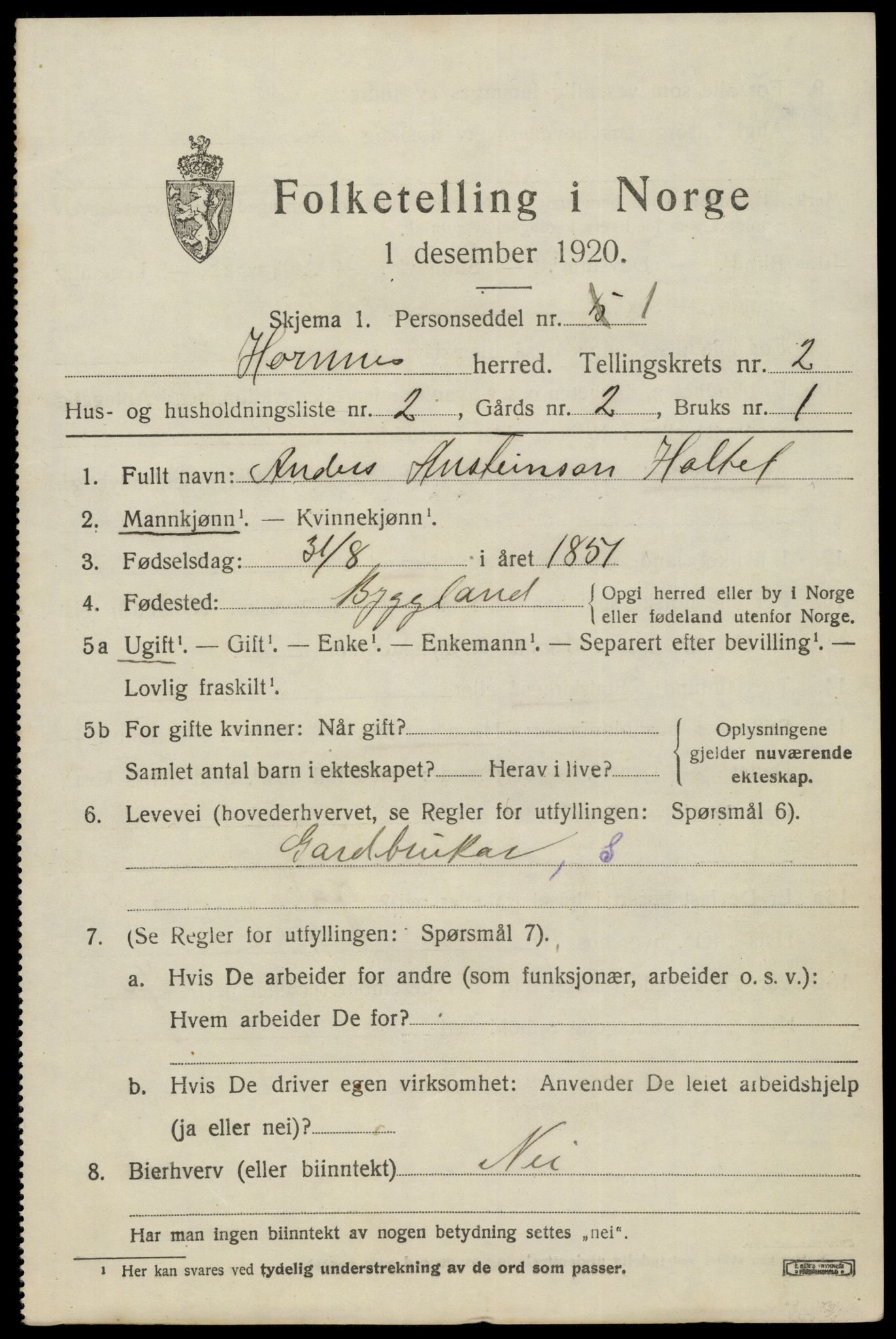 SAK, 1920 census for Hornnes, 1920, p. 709