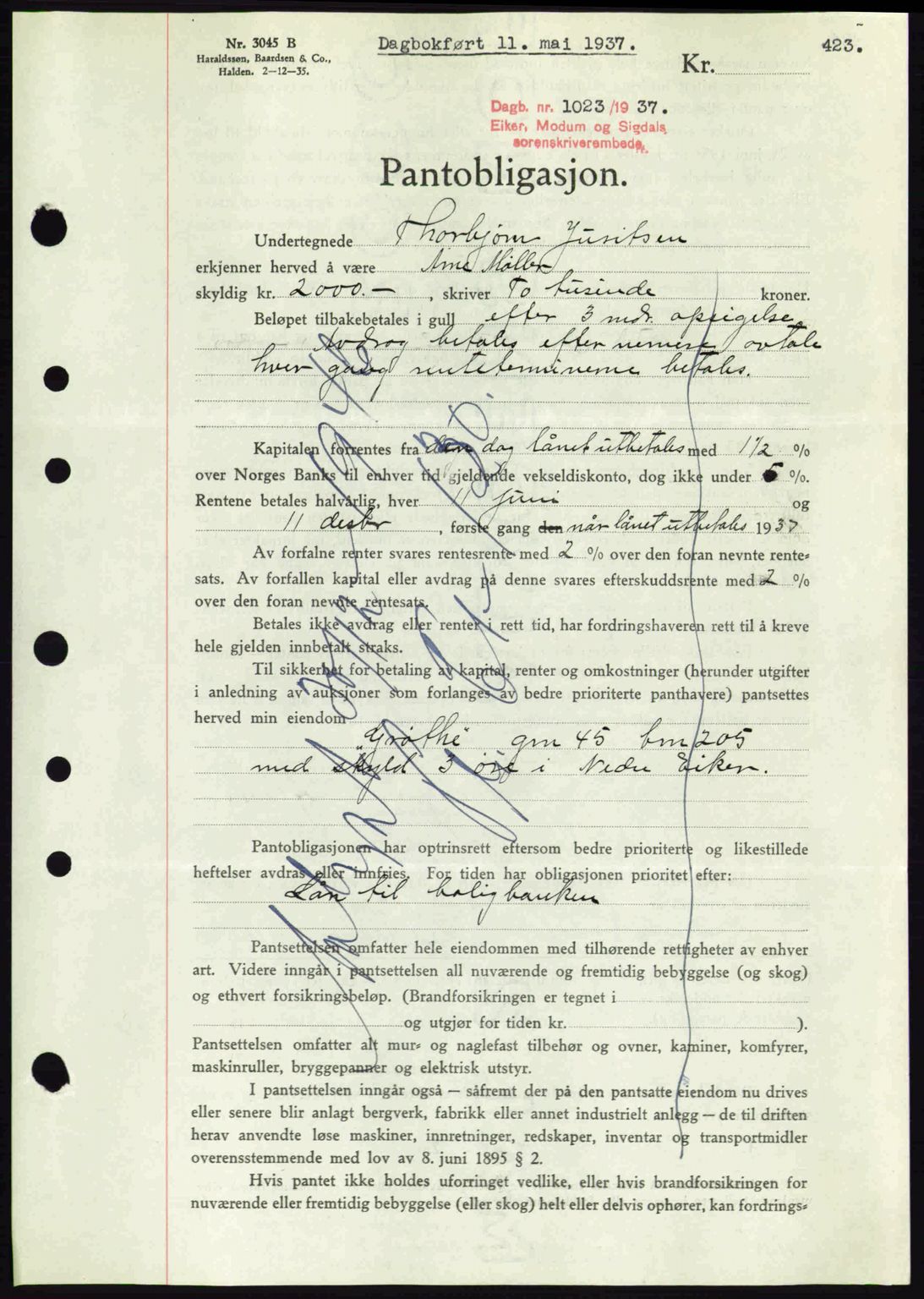 Eiker, Modum og Sigdal sorenskriveri, SAKO/A-123/G/Ga/Gab/L0035: Mortgage book no. A5, 1937-1937, Diary no: : 1023/1937