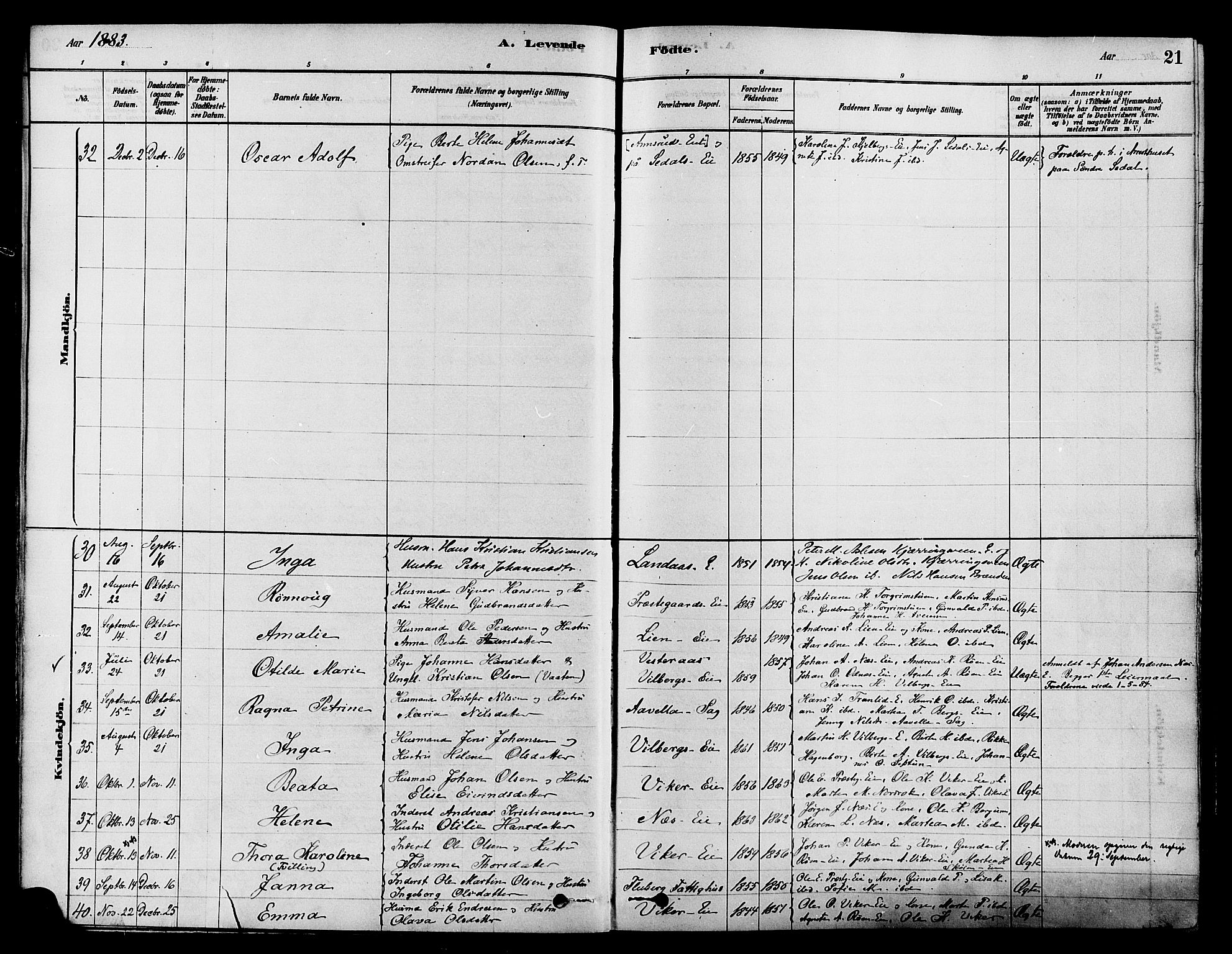 Søndre Land prestekontor, AV/SAH-PREST-122/K/L0002: Parish register (official) no. 2, 1878-1894, p. 21