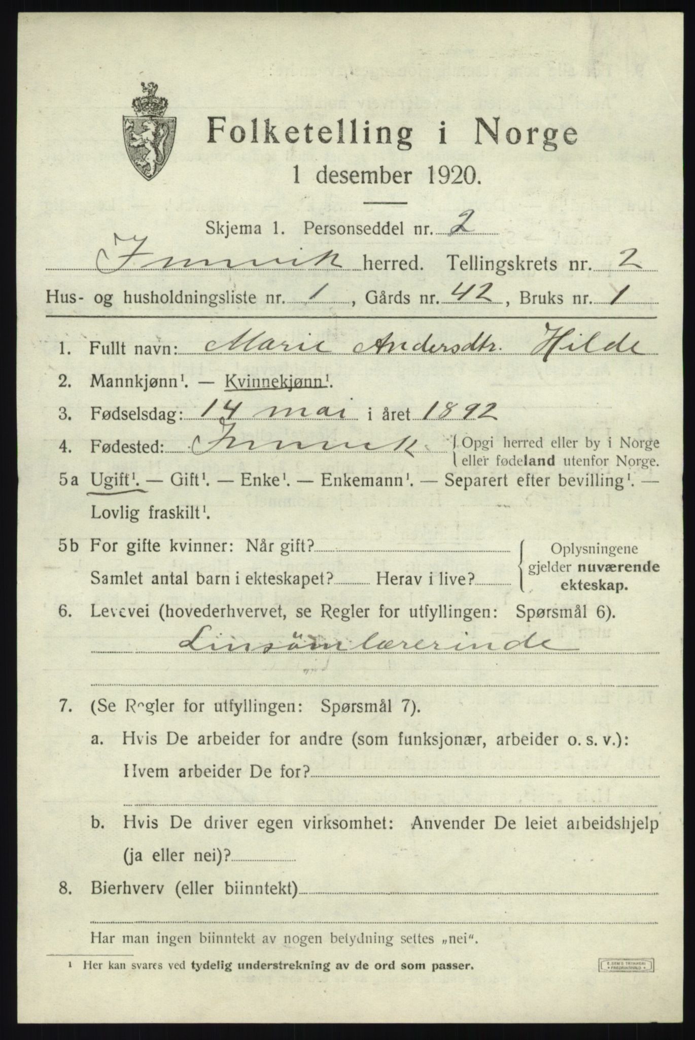 SAB, 1920 census for Innvik, 1920, p. 1219