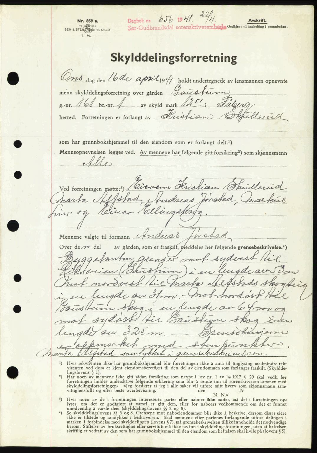Sør-Gudbrandsdal tingrett, SAH/TING-004/H/Hb/Hbd/L0009: Mortgage book no. A9, 1941-1941, Diary no: : 656/1941