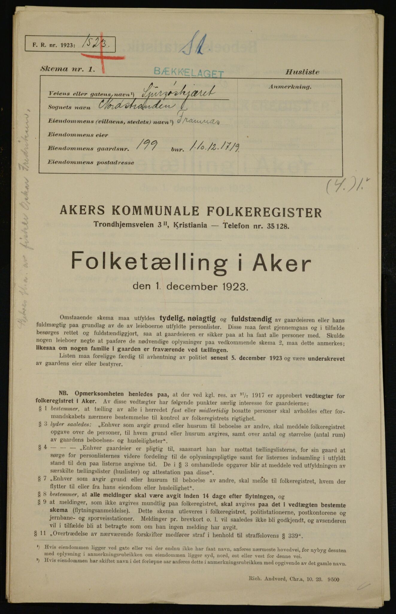 , Municipal Census 1923 for Aker, 1923, p. 45317