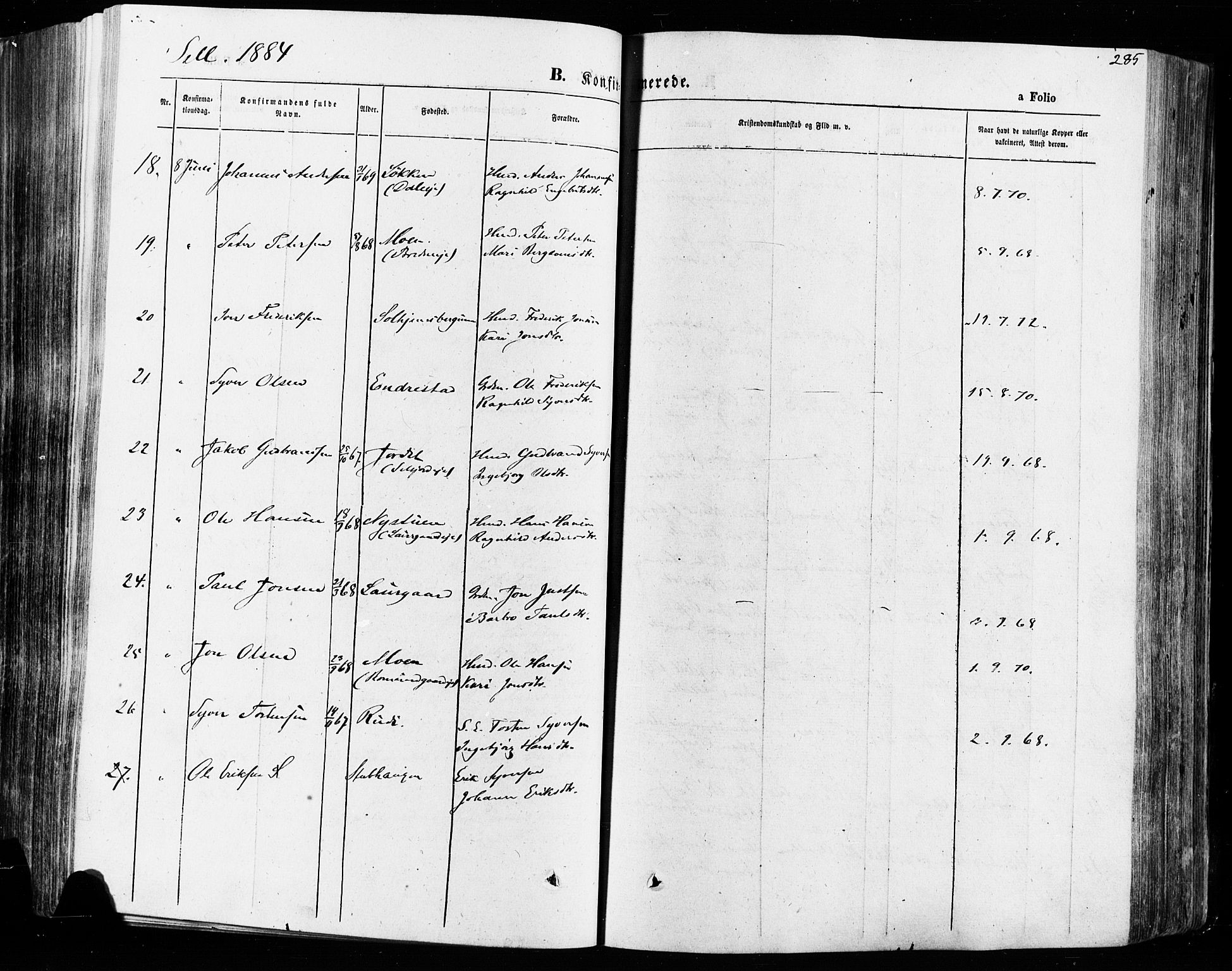 Vågå prestekontor, SAH/PREST-076/H/Ha/Haa/L0007: Parish register (official) no. 7 /1, 1872-1886, p. 285