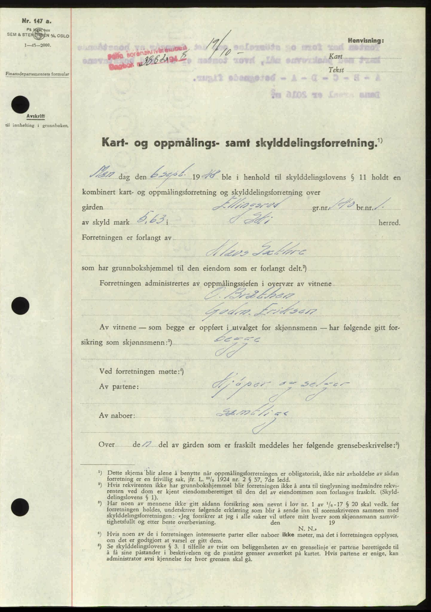 Follo sorenskriveri, SAO/A-10274/G/Ga/Gaa/L0085: Mortgage book no. I 85, 1948-1948, Diary no: : 3882/1948