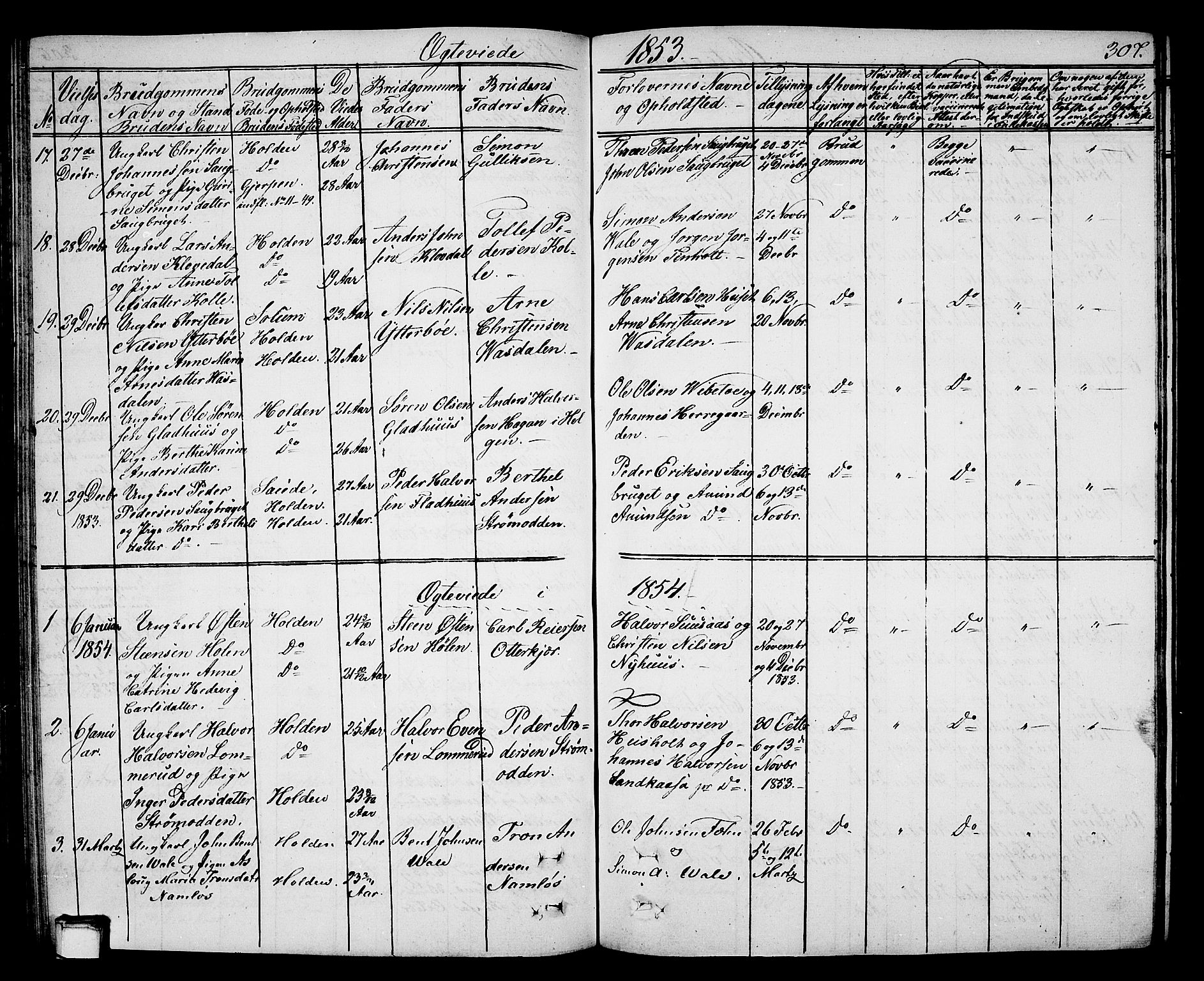 Holla kirkebøker, AV/SAKO-A-272/G/Ga/L0003: Parish register (copy) no. I 3, 1849-1866, p. 307