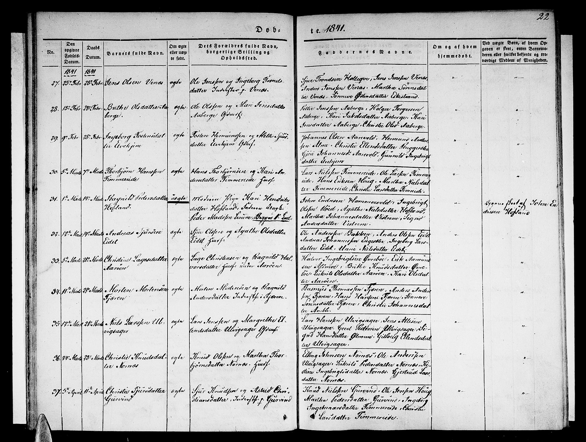 Sogndal sokneprestembete, AV/SAB-A-81301/H/Haa/Haaa/L0011: Parish register (official) no. A 11, 1839-1847, p. 22