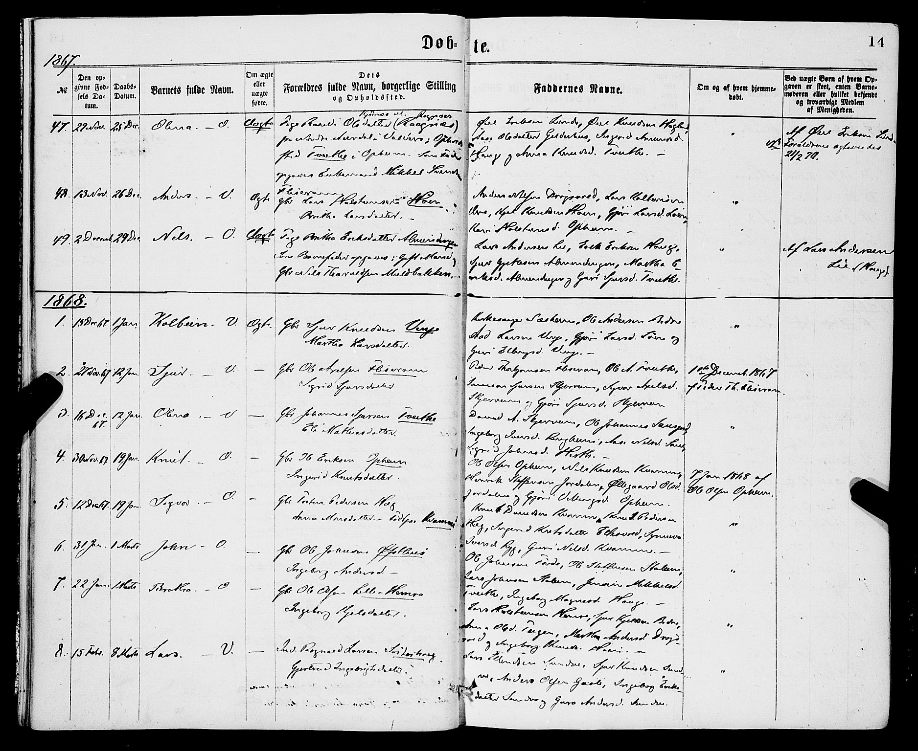 Vossestrand Sokneprestembete, SAB/A-79101/H/Haa: Parish register (official) no. A 1, 1866-1877, p. 14
