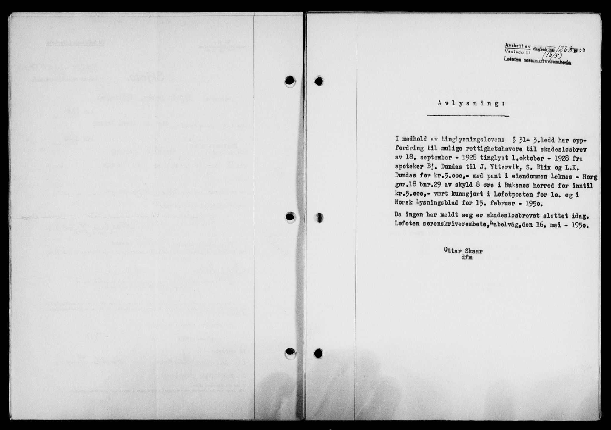 Lofoten sorenskriveri, SAT/A-0017/1/2/2C/L0023a: Mortgage book no. 23a, 1950-1950, Diary no: : 1263/1950