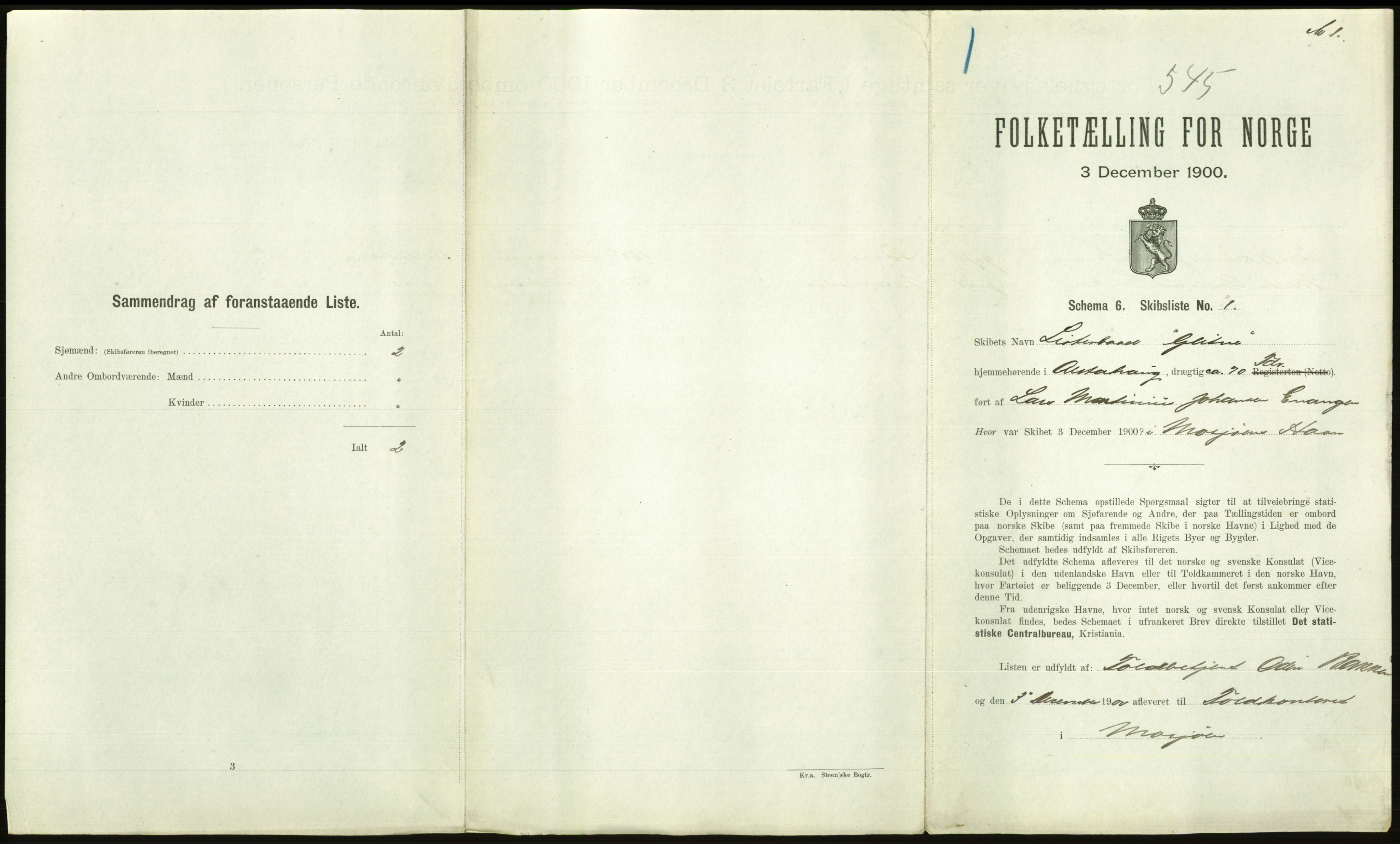 RA, 1900 Census - ship lists from ships in Norwegian harbours, harbours abroad and at sea, 1900, p. 2587