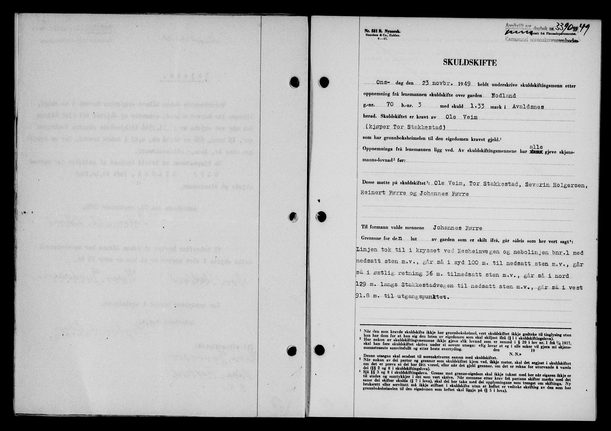 Karmsund sorenskriveri, SAST/A-100311/01/II/IIB/L0098: Mortgage book no. 78A, 1949-1950, Diary no: : 3390/1949