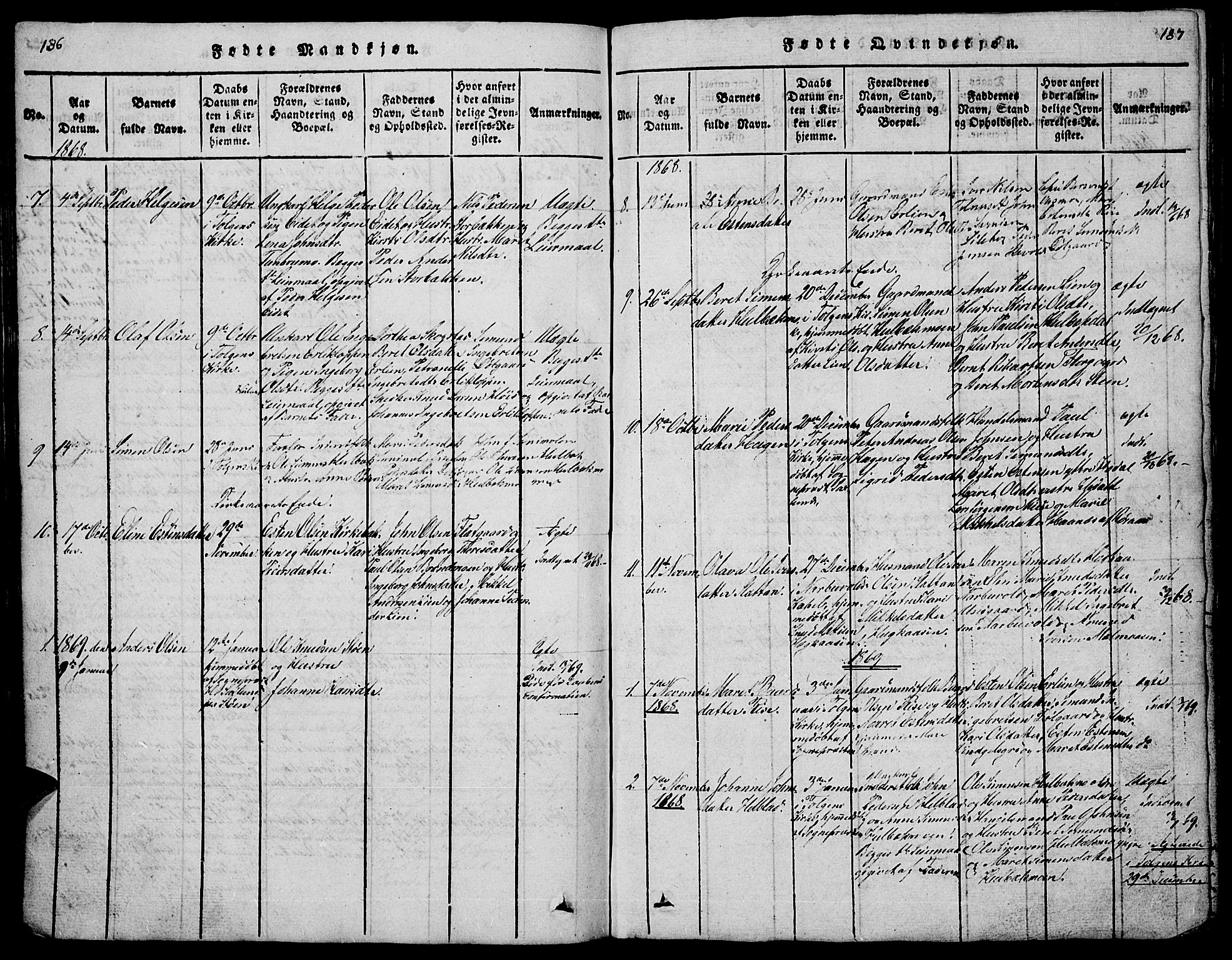 Tolga prestekontor, AV/SAH-PREST-062/L/L0001: Parish register (copy) no. 1, 1814-1877, p. 186-187