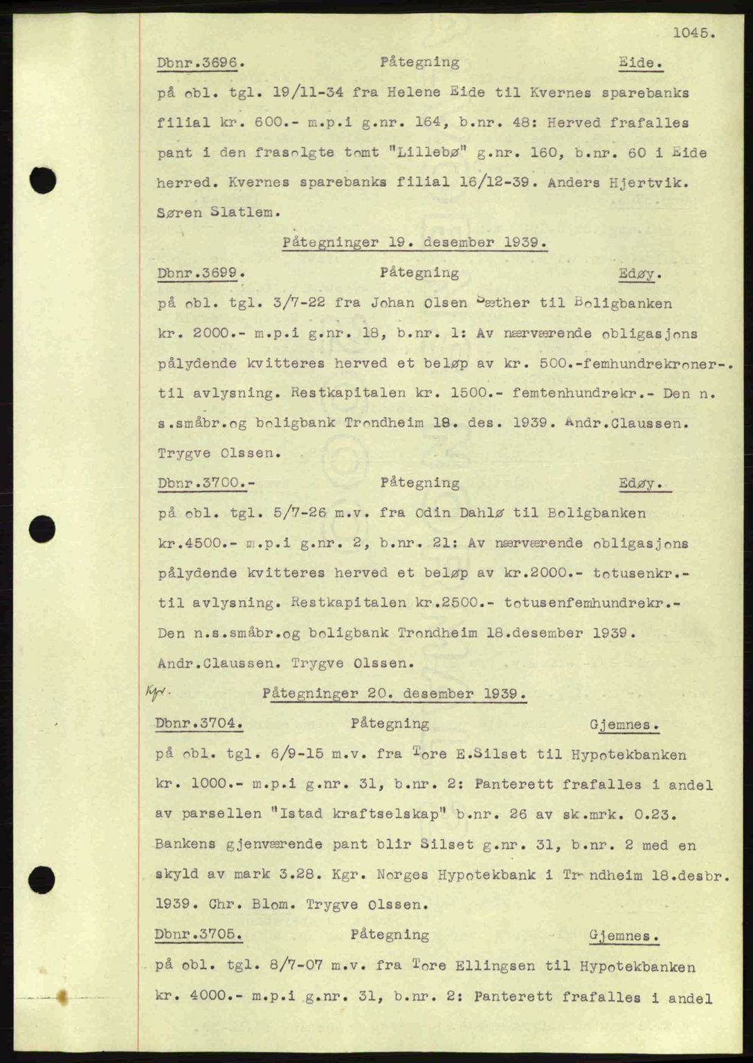 Nordmøre sorenskriveri, AV/SAT-A-4132/1/2/2Ca: Mortgage book no. C80, 1936-1939, Diary no: : 3696/1939