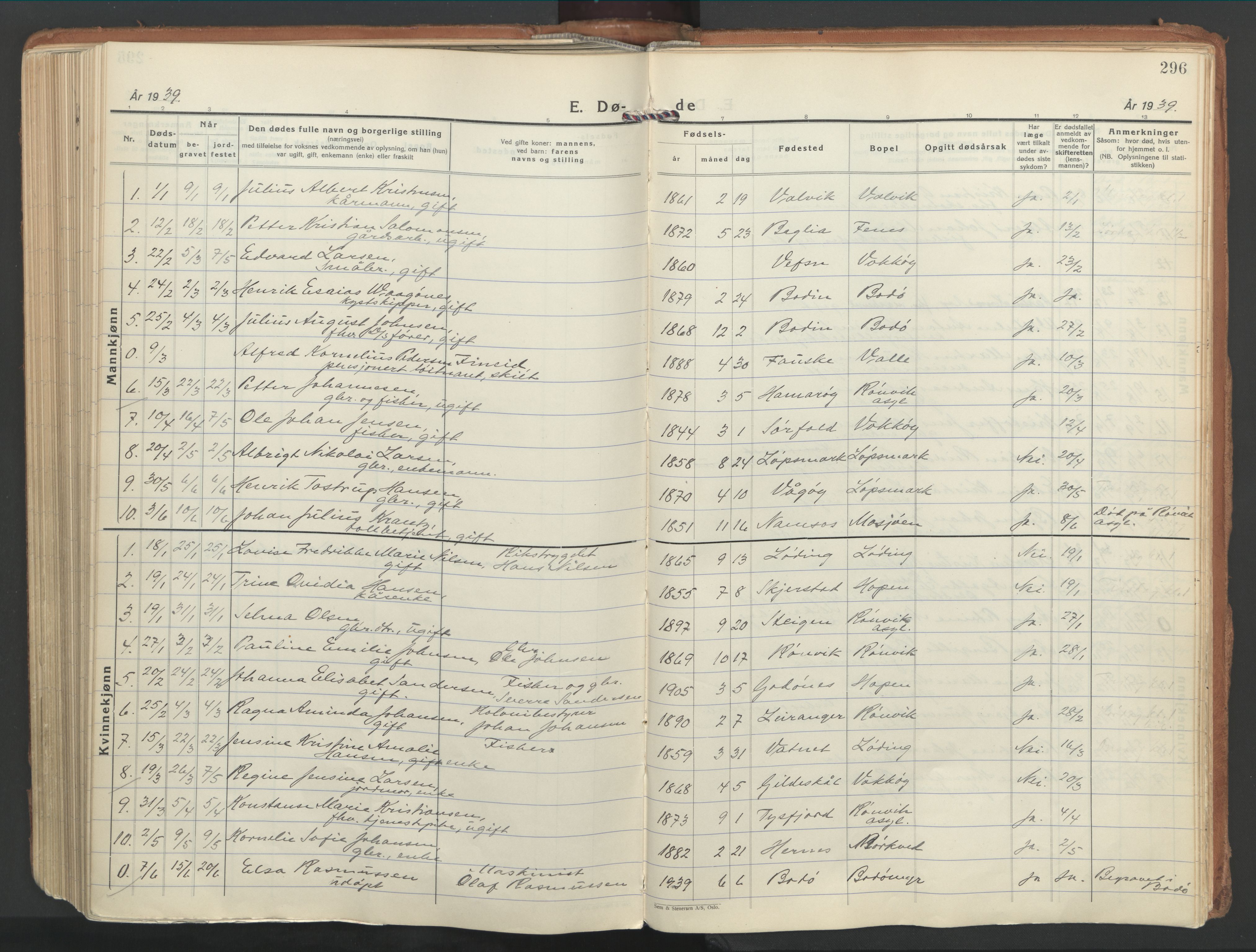 Ministerialprotokoller, klokkerbøker og fødselsregistre - Nordland, AV/SAT-A-1459/802/L0061: Parish register (official) no. 802A08, 1933-1946, p. 296