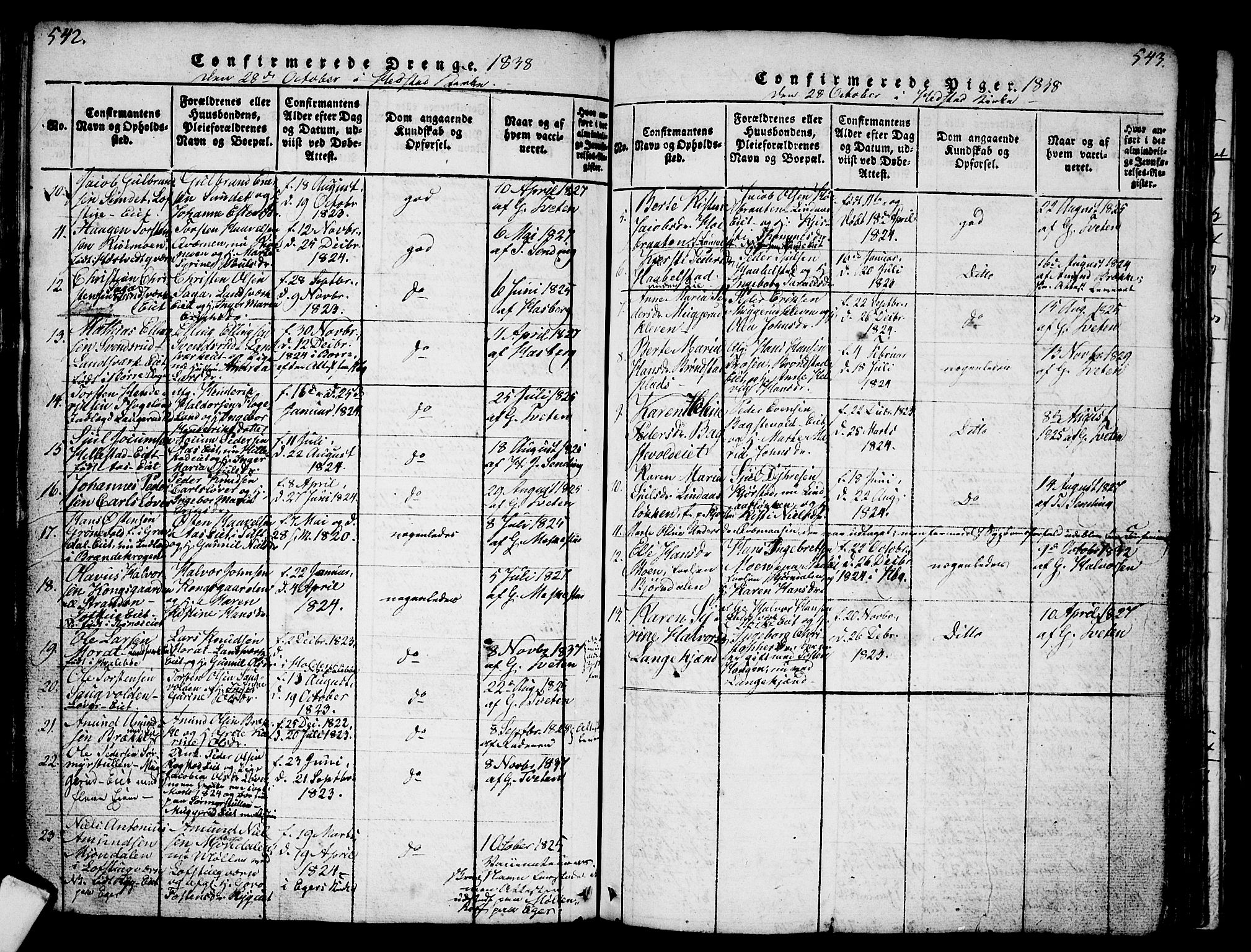 Sandsvær kirkebøker, AV/SAKO-A-244/G/Ga/L0003: Parish register (copy) no. I 3, 1817-1839, p. 542-543