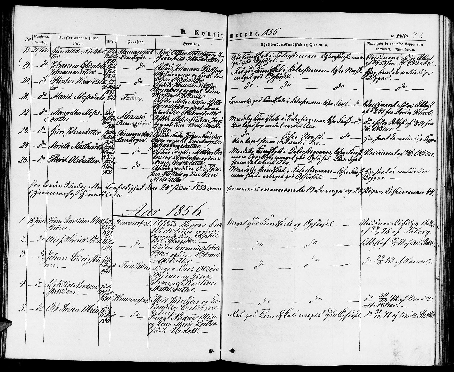 Hammerfest sokneprestkontor, SATØ/S-1347/H/Hb/L0002.klokk: Parish register (copy) no. 2, 1851-1861, p. 123