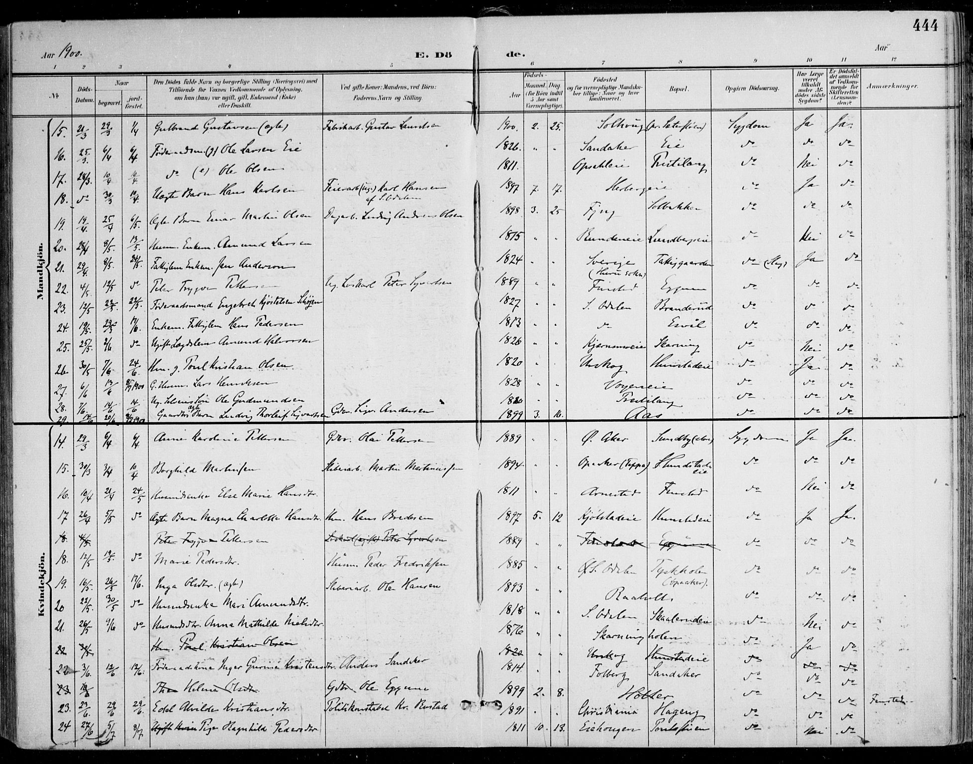 Nes prestekontor Kirkebøker, SAO/A-10410/F/Fa/L0011: Parish register (official) no. I 11, 1899-1918, p. 444