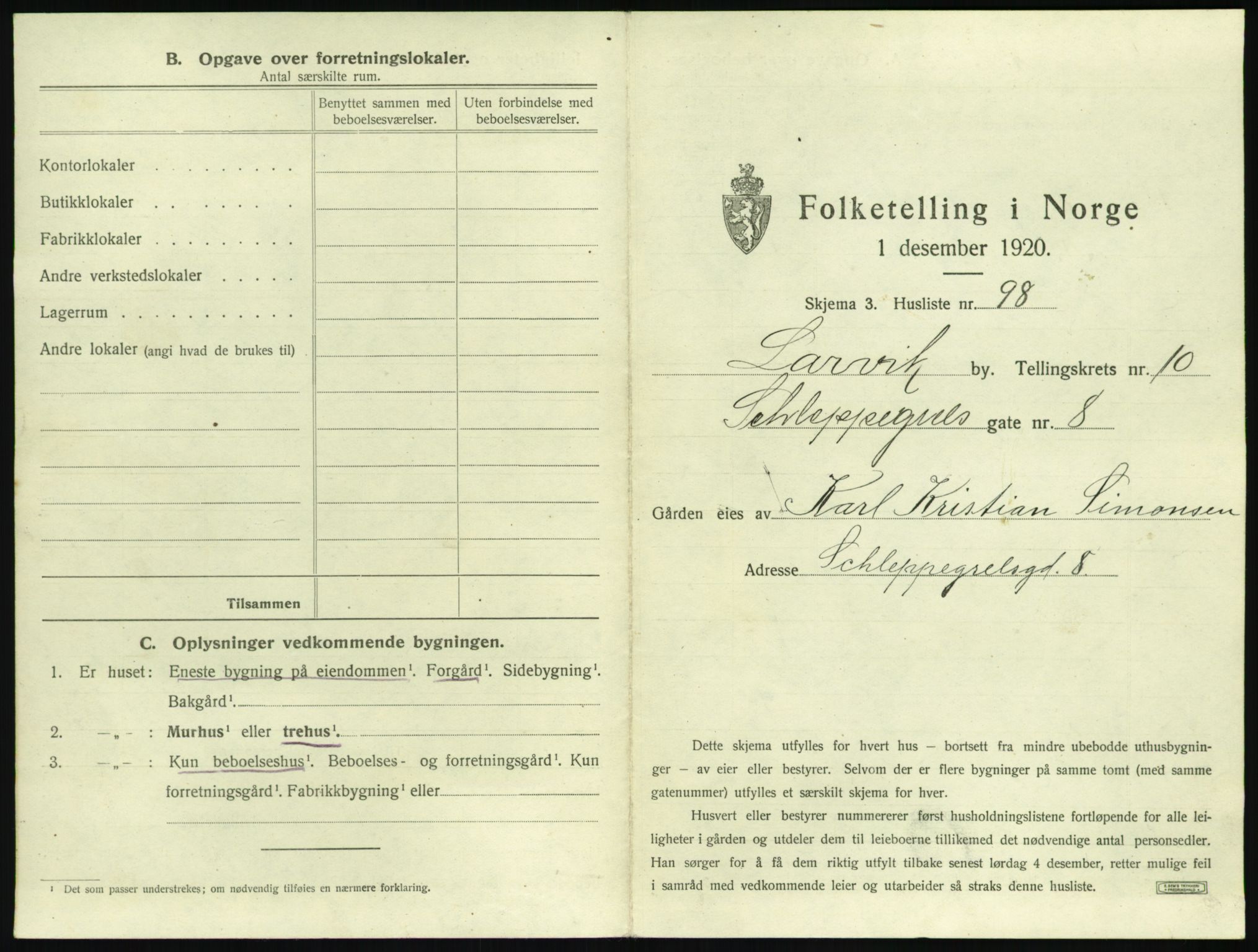 SAKO, 1920 census for Larvik, 1920, p. 2608