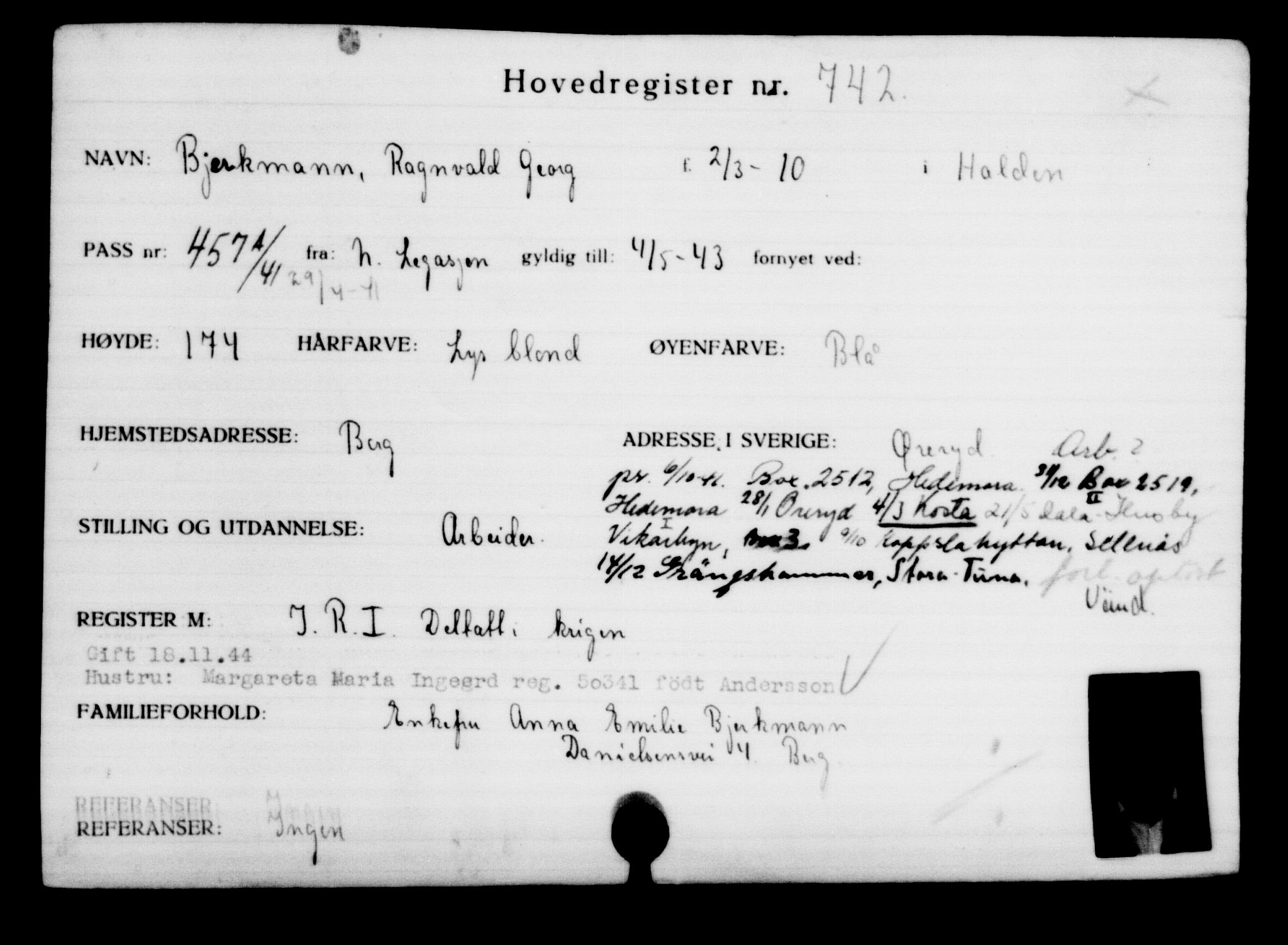 Utenriksstasjonene, Legasjonen i Stockholm, Flyktningkontoret, AV/RA-S-6753/V/Va/L0001: Kjesäterkartoteket, flyktninger med registreringsnr. 1-1000, 1940-1945, p. 1166