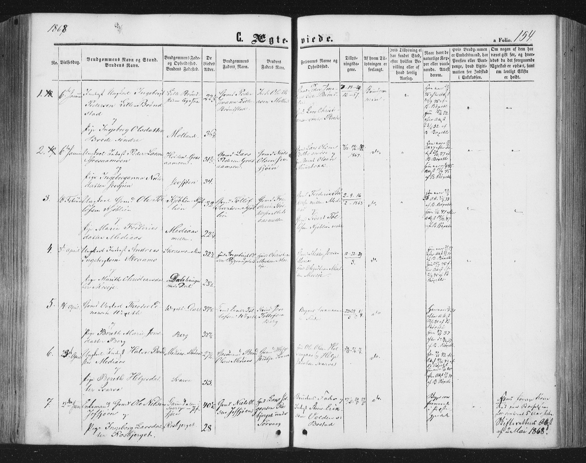 Ministerialprotokoller, klokkerbøker og fødselsregistre - Nord-Trøndelag, AV/SAT-A-1458/749/L0472: Parish register (official) no. 749A06, 1857-1873, p. 154