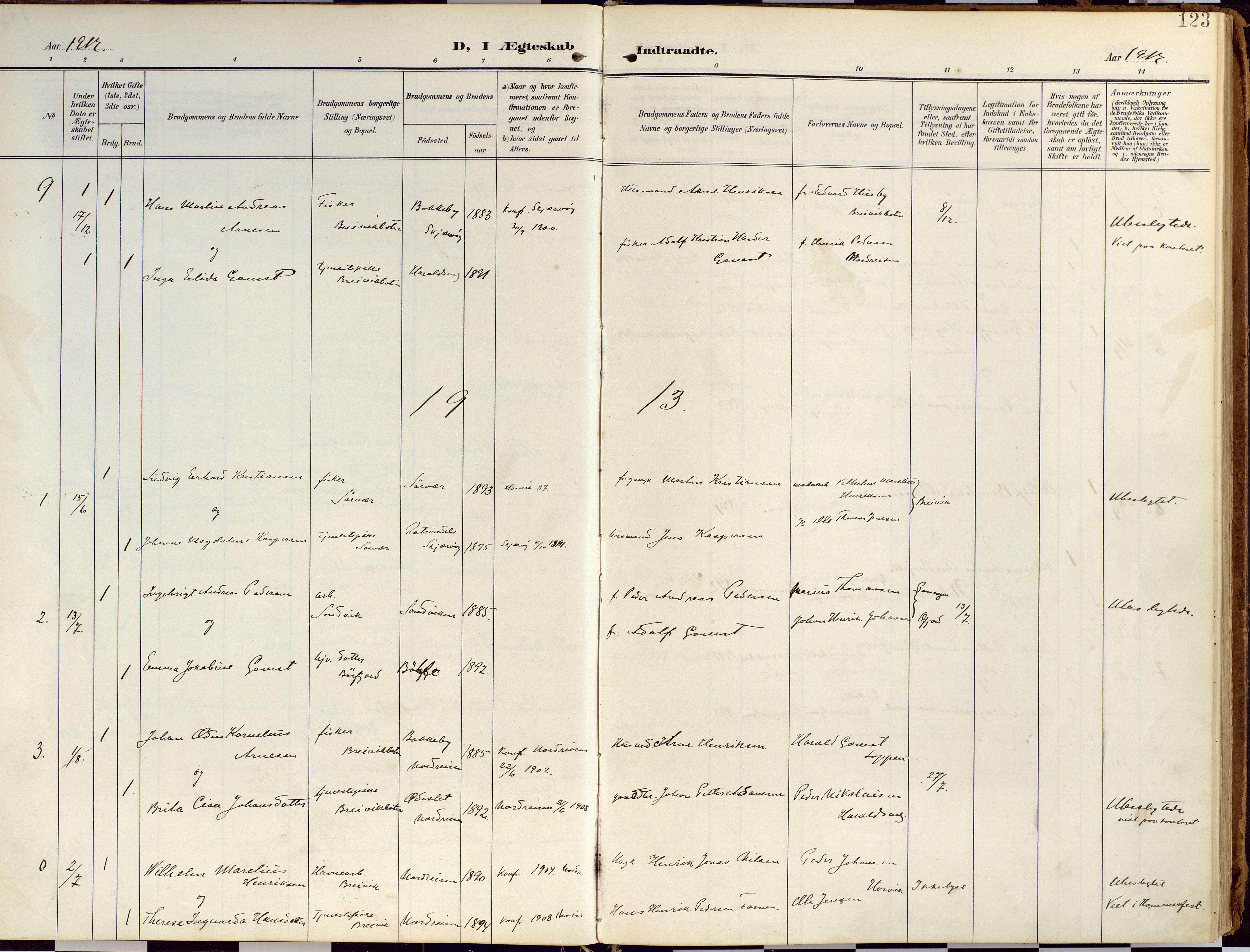 Loppa sokneprestkontor, SATØ/S-1339/H/Ha/L0010kirke: Parish register (official) no. 10, 1907-1922, p. 123
