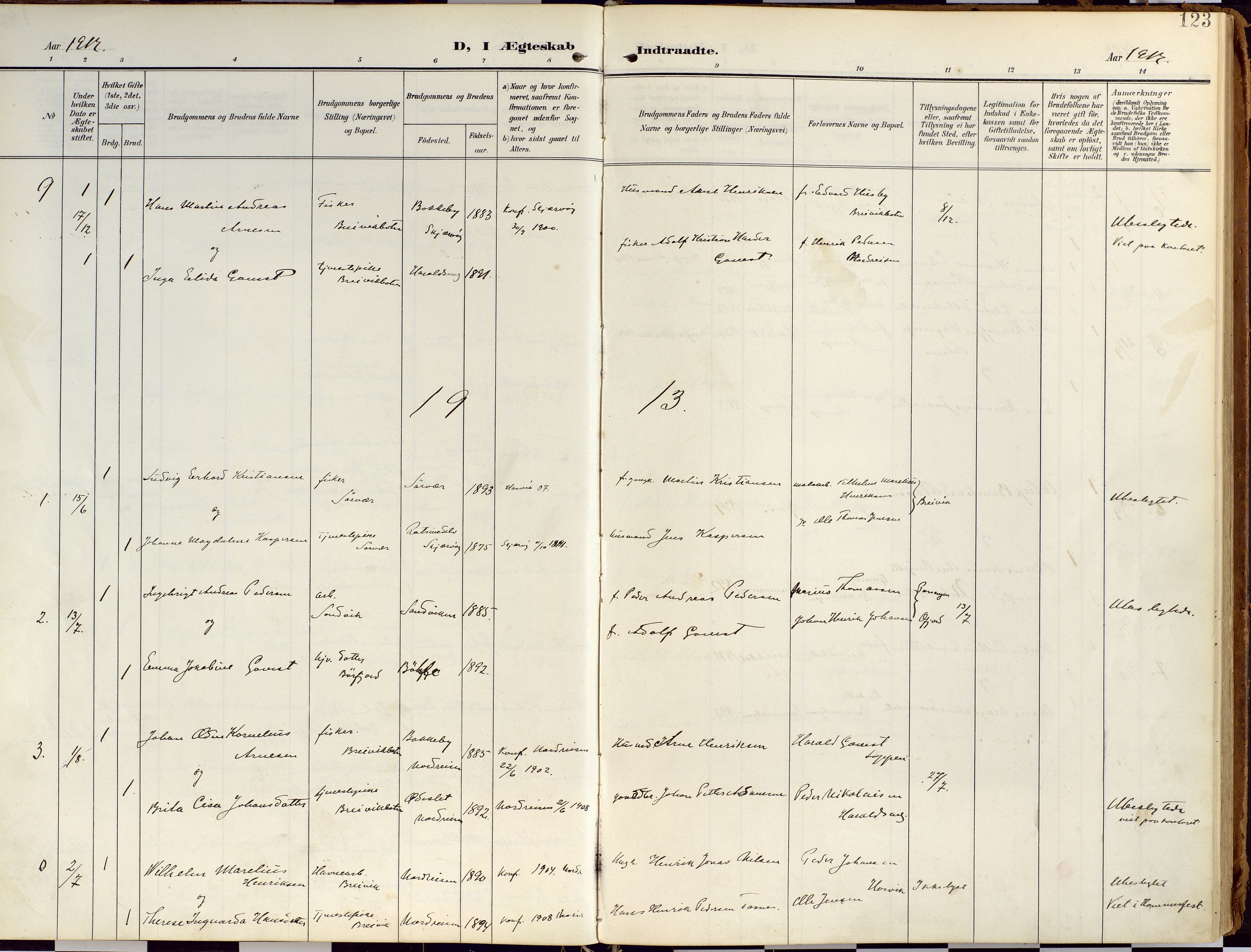 Loppa sokneprestkontor, AV/SATØ-S-1339/H/Ha/L0010kirke: Parish register (official) no. 10, 1907-1922, p. 123