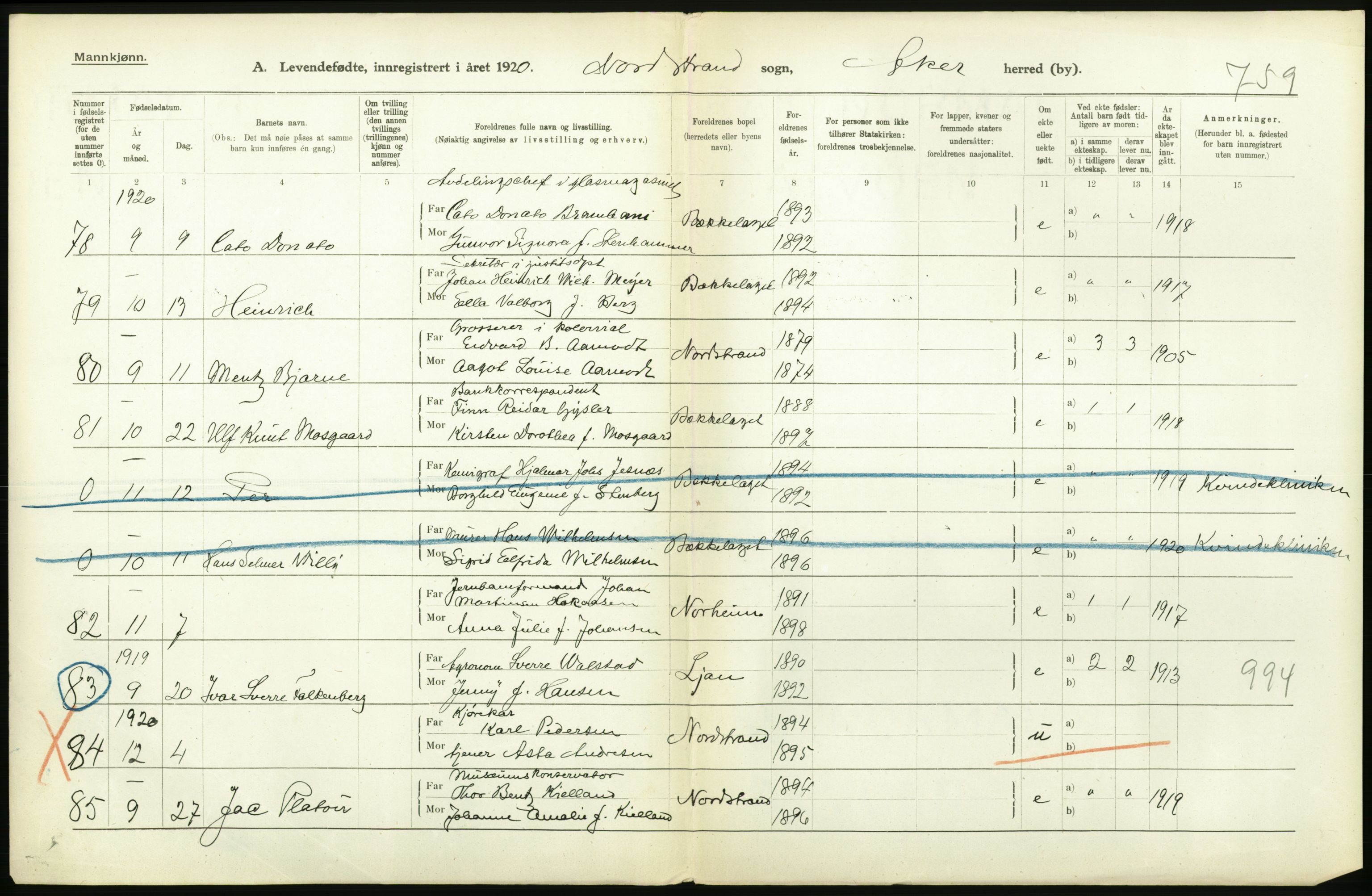 Statistisk sentralbyrå, Sosiodemografiske emner, Befolkning, RA/S-2228/D/Df/Dfb/Dfbj/L0004: Akershus fylke: Levendefødte menn og kvinner. Bygder., 1920, p. 240